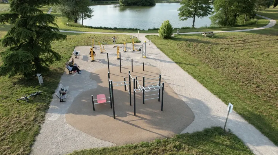 Outdoor fitness equipment by a lake