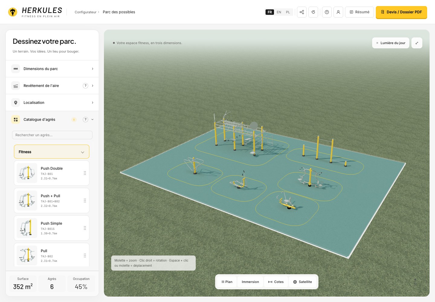 Interface du configurateur Herkules avec ses outils et un parc en 3D
