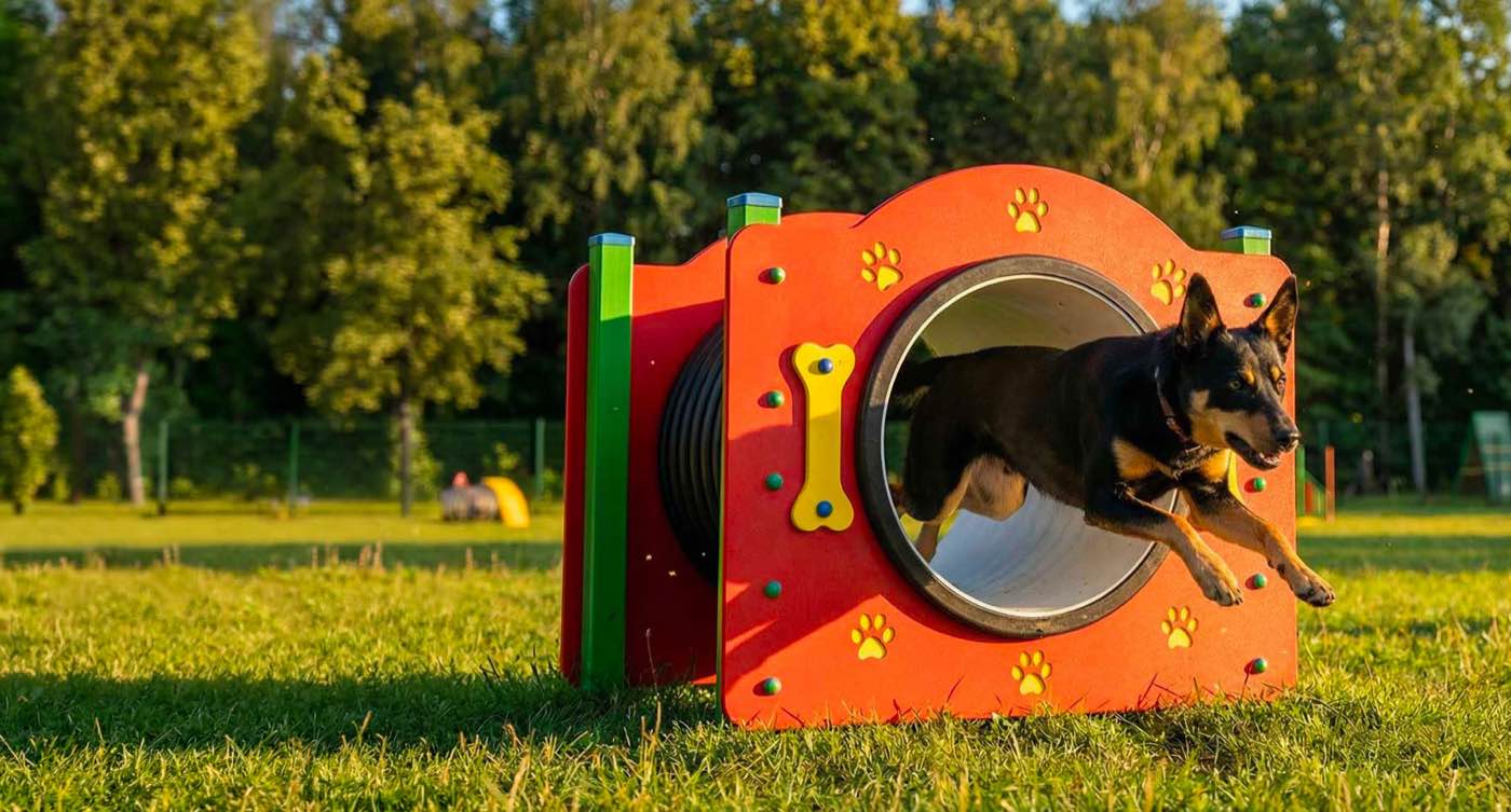 Chien bondissant hors d'un tunnel d'agility Herkules coloré