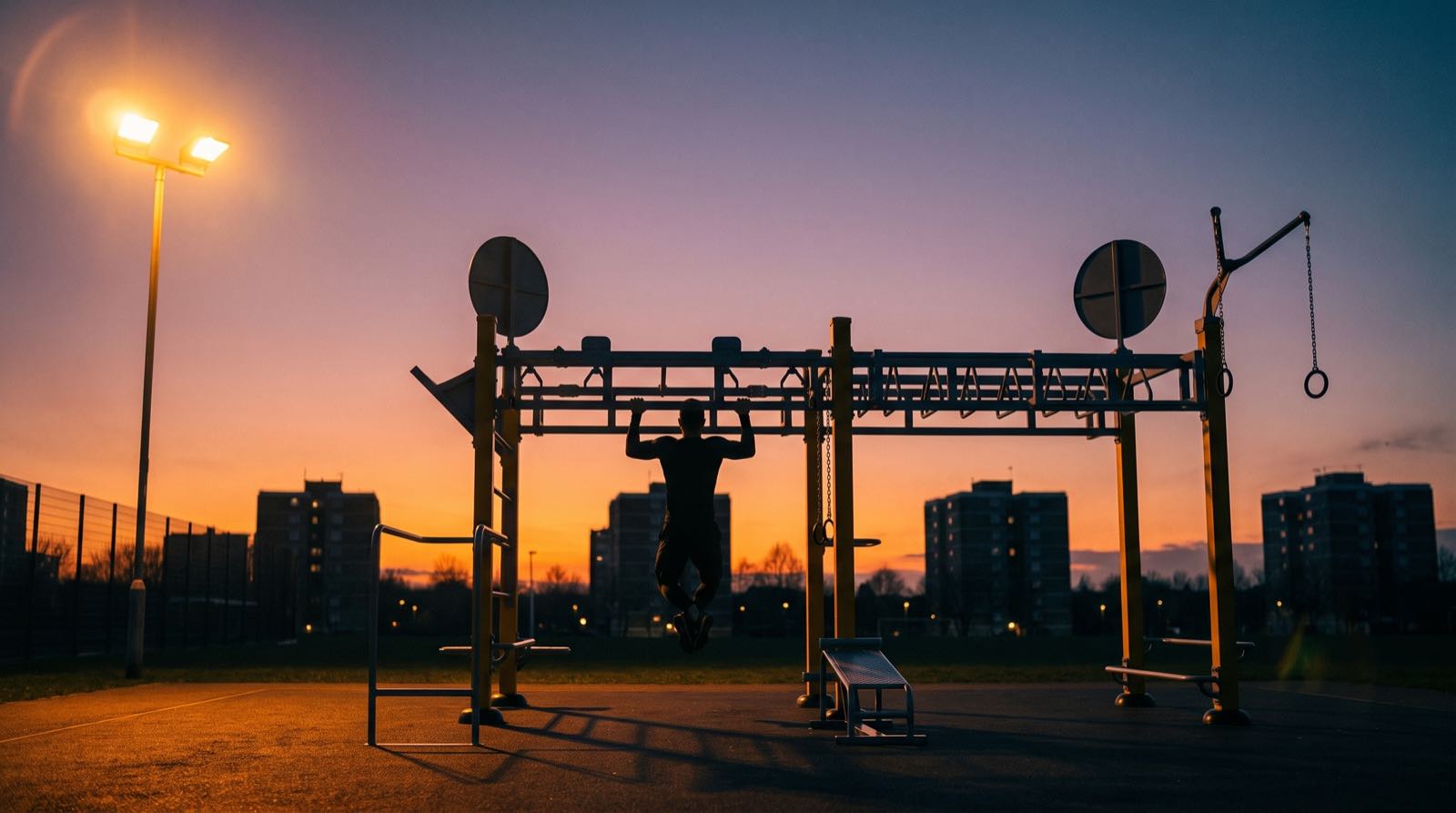 Outdoor sports installation at dusk
