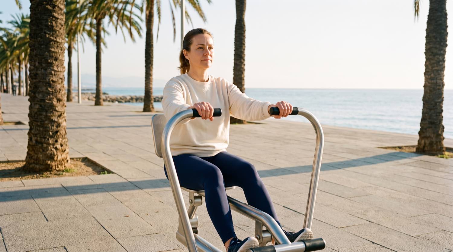 Femme sur un rameur inox Herkules sur un front de mer bordé de palmiers