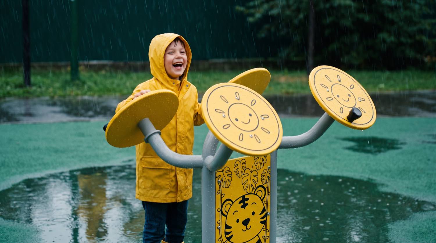 Un enfant en ciré jaune riant sous la pluie devant un appareil de fitness Herkules illustré