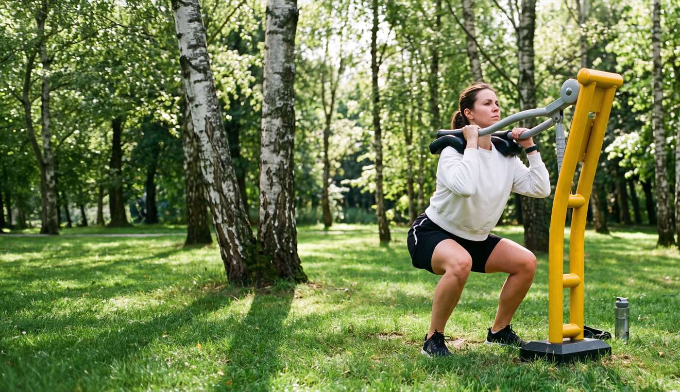 Femme utilisant un appareil de musculation piston Herkules parmi les bouleaux