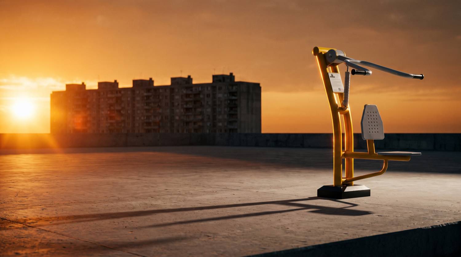 Appareil de musculation piston Herkules sur un toit, immeubles à contre-jour au coucher du soleil