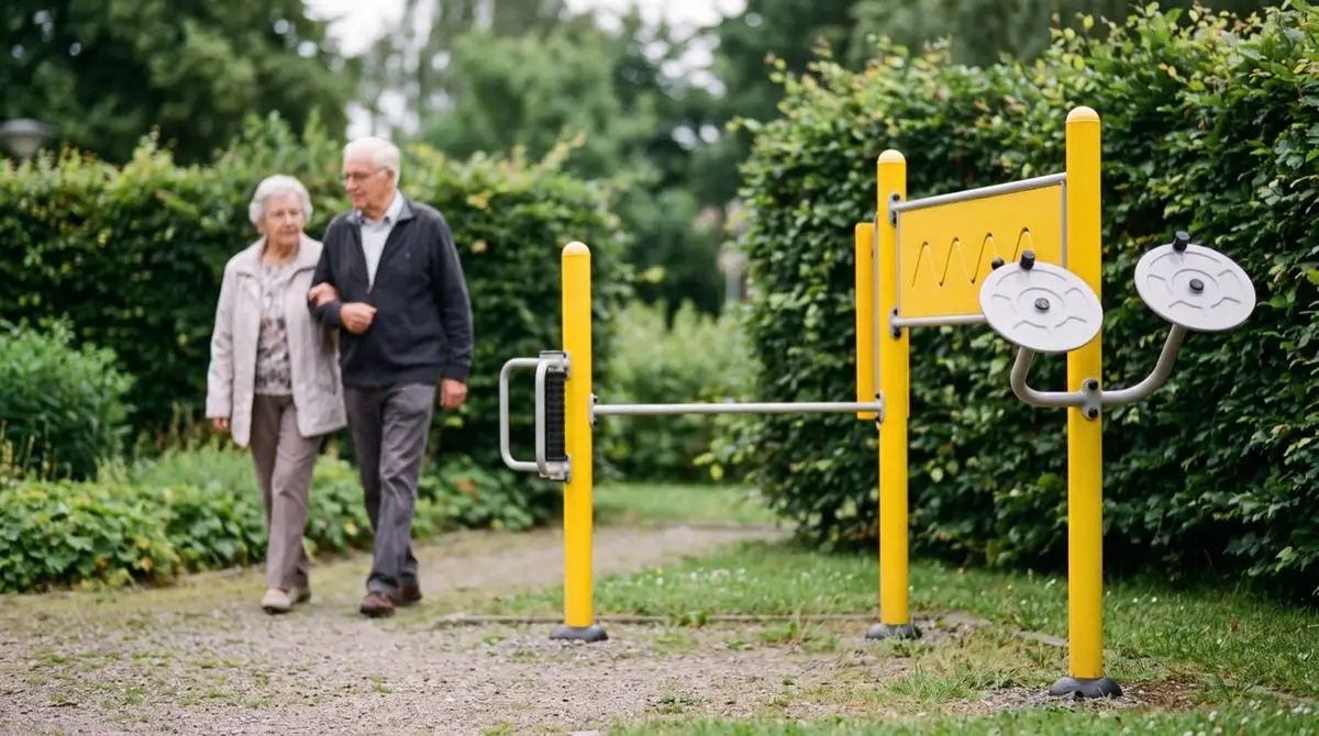 Couple de seniors marchant près d'un appareil sport santé Herkules dans un parc