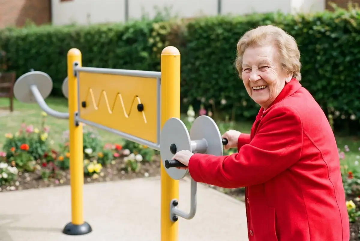 Une aînée souriante utilisant un appareil sport santé Herkules dans un jardin fleuri