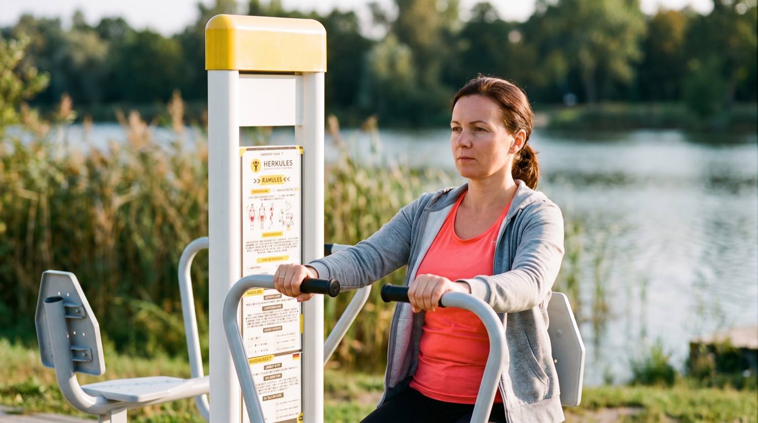 Femme sur une station de fitness extérieure Herkules au bord d'un lac