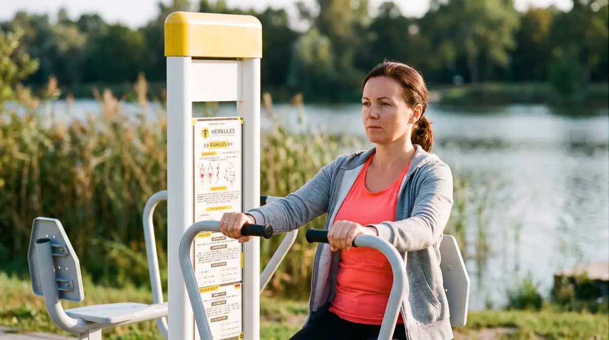 Femme sur une station de fitness extérieure Herkules au bord d'un lac