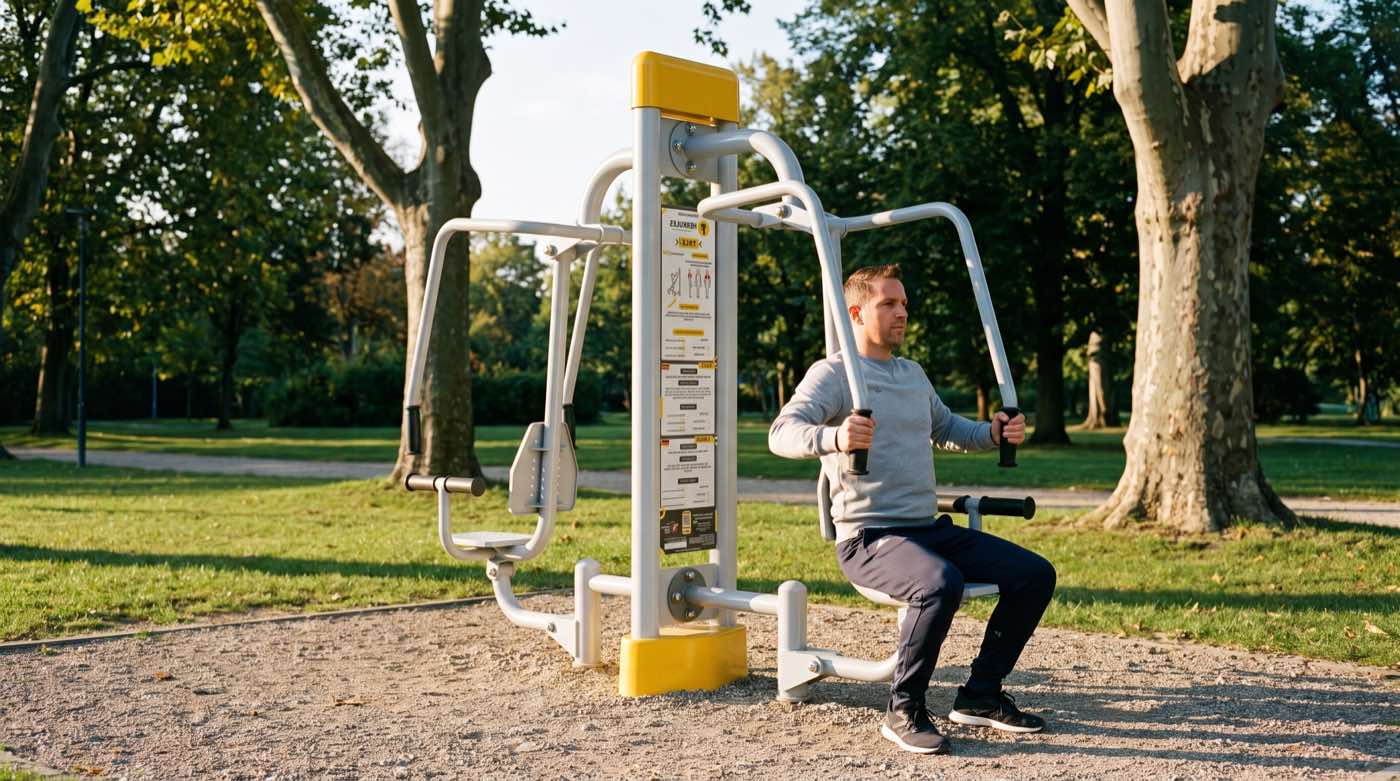 Homme utilisant une station de fitness extérieure Herkules en poussée d'épaules