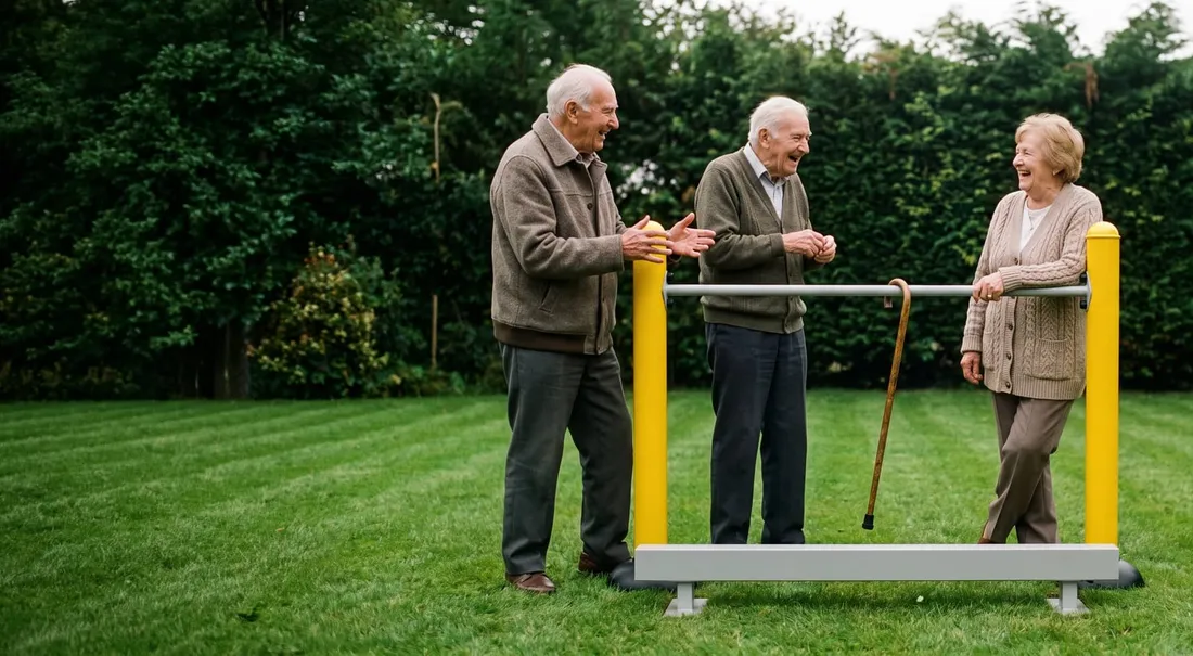 Seniors réunis autour d’un équipement de fitness en extérieur
