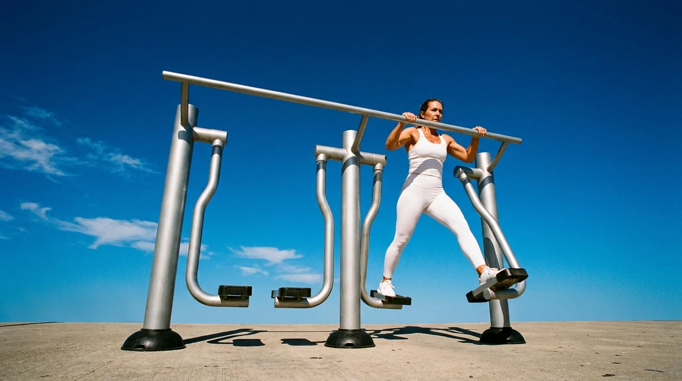 Une femme sur un appareil de fitness inox Herkules, en plein air sous un ciel bleu