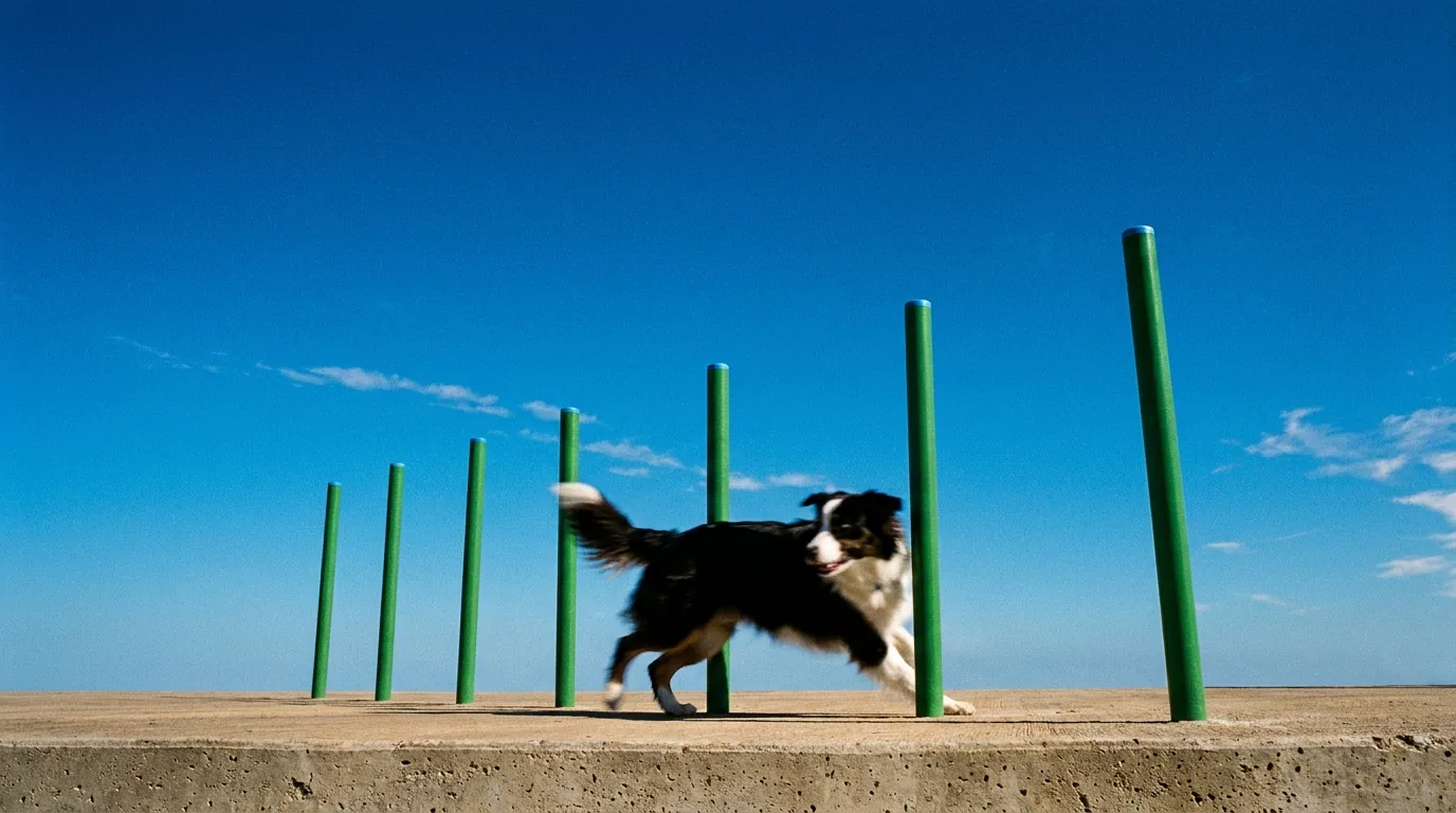Un border collie fait le slalom d'agility Herkules, sous un ciel bleu