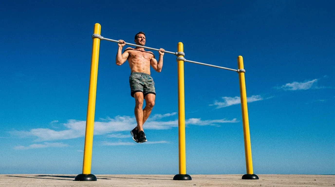 Un homme fait des tractions sur une barre de street workout Herkules, sous un ciel bleu