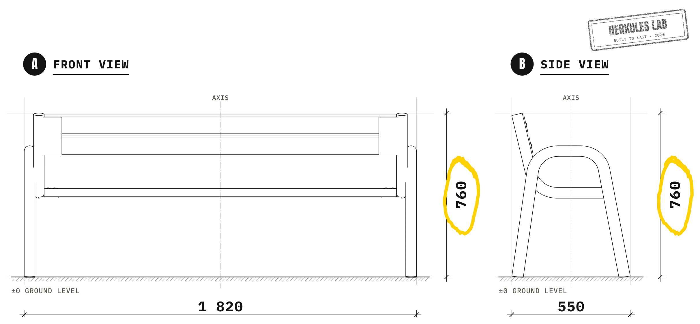 Classic bench — Dimensioned drawing