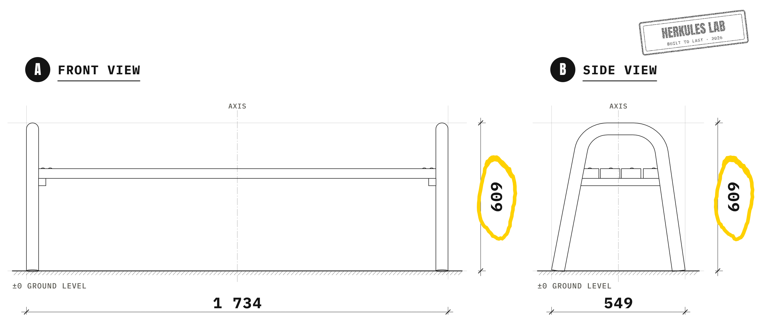 Backless bench — Dimensioned drawing