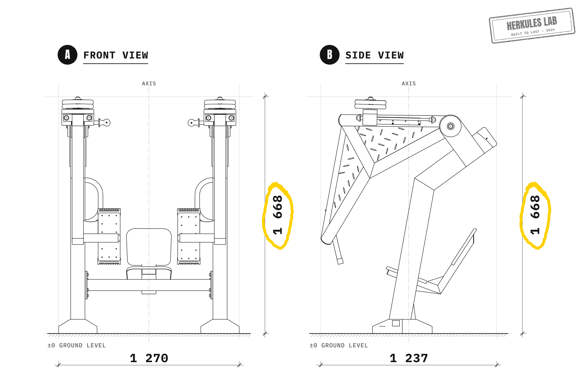 Leg Press - Adjustable weight machines — Dimensioned drawing