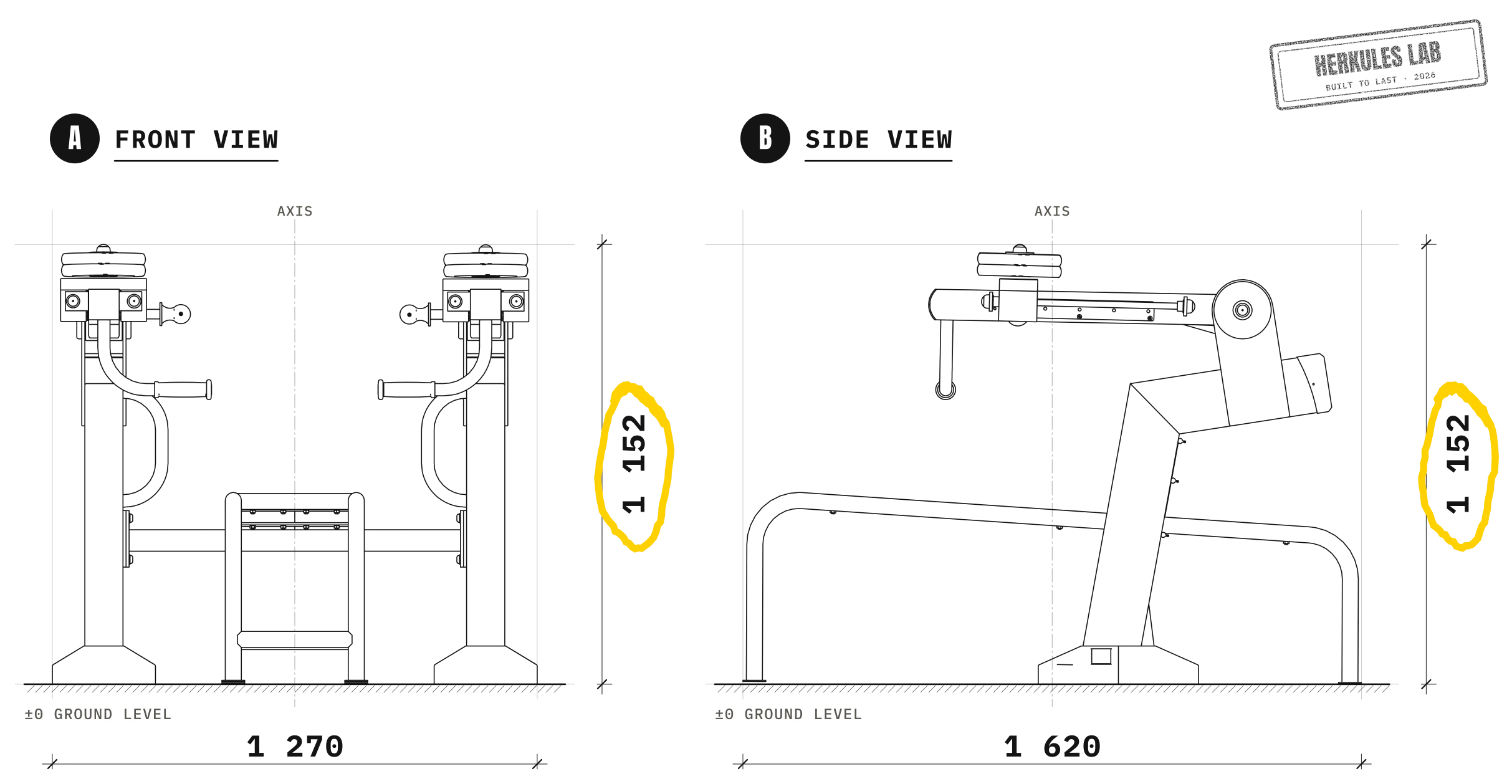 Bench Press - Adjustable weight machines — Dimensioned drawing