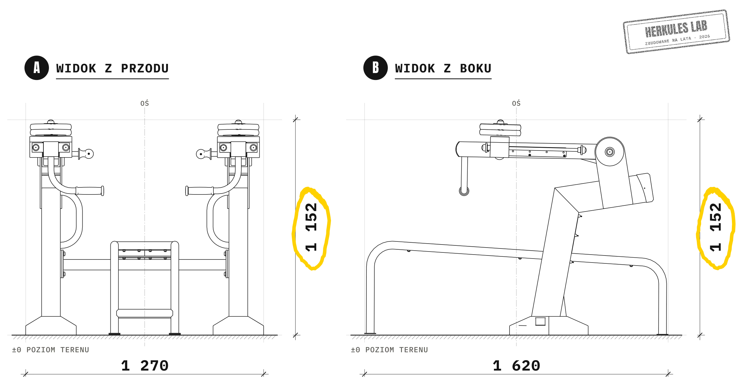 Sztanga w leżeniu - maszyny z regulowanym obciążeniem — Rysunek wymiarowy