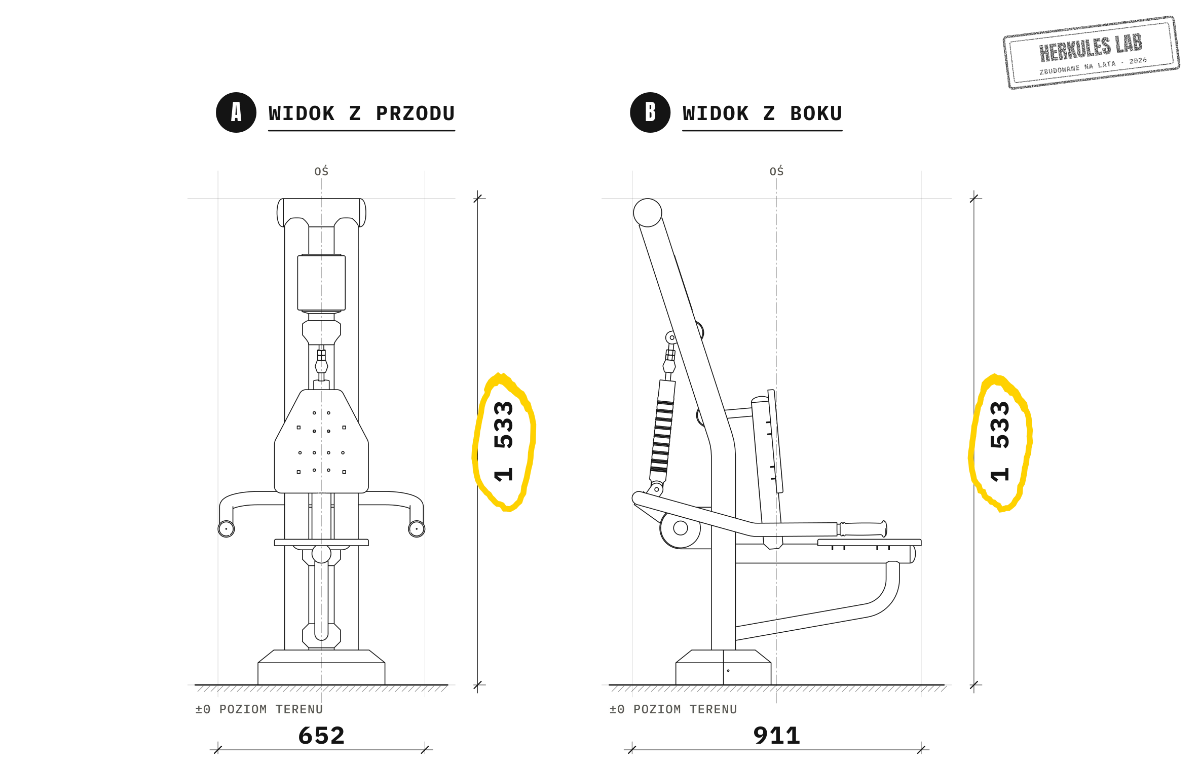 Triceps - Maszyny do ćwiczeń tłokowych — Rysunek wymiarowy