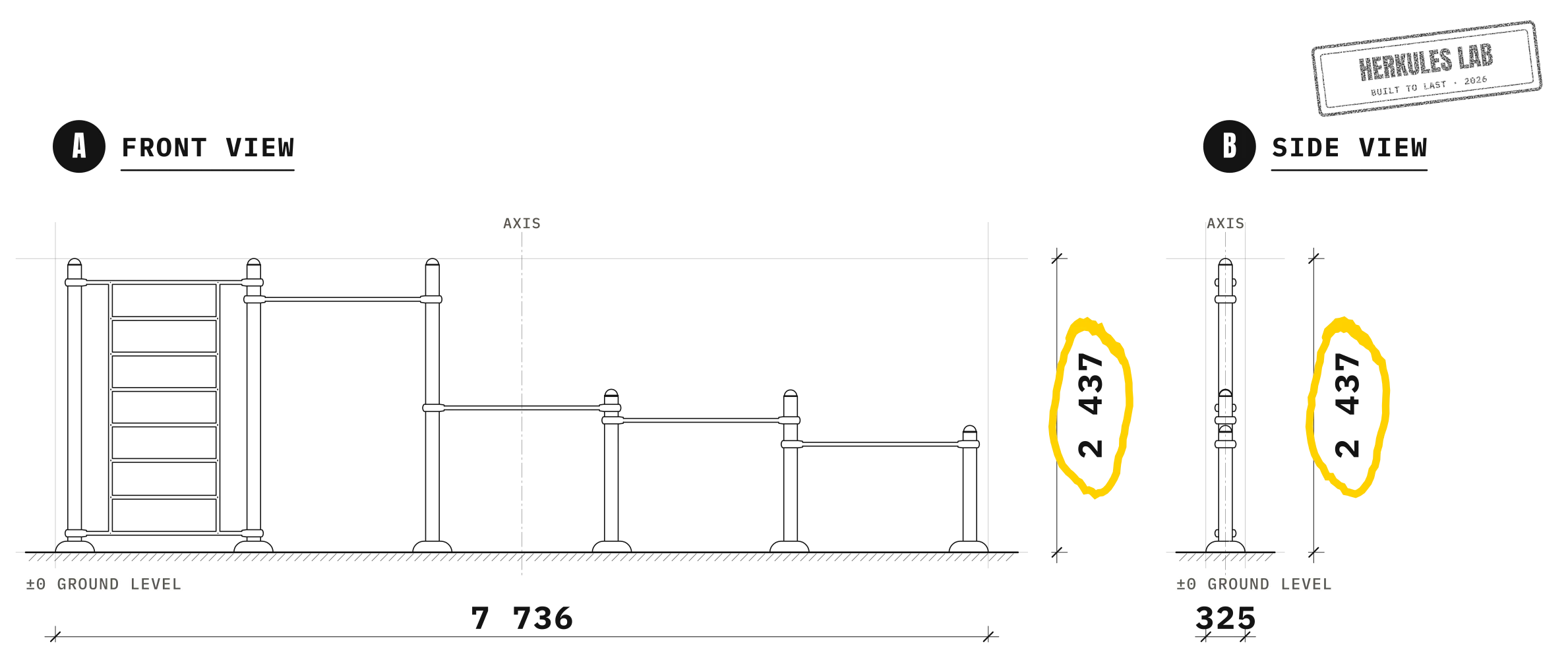 Station Mur - Street Workout stations — Dimensioned drawing