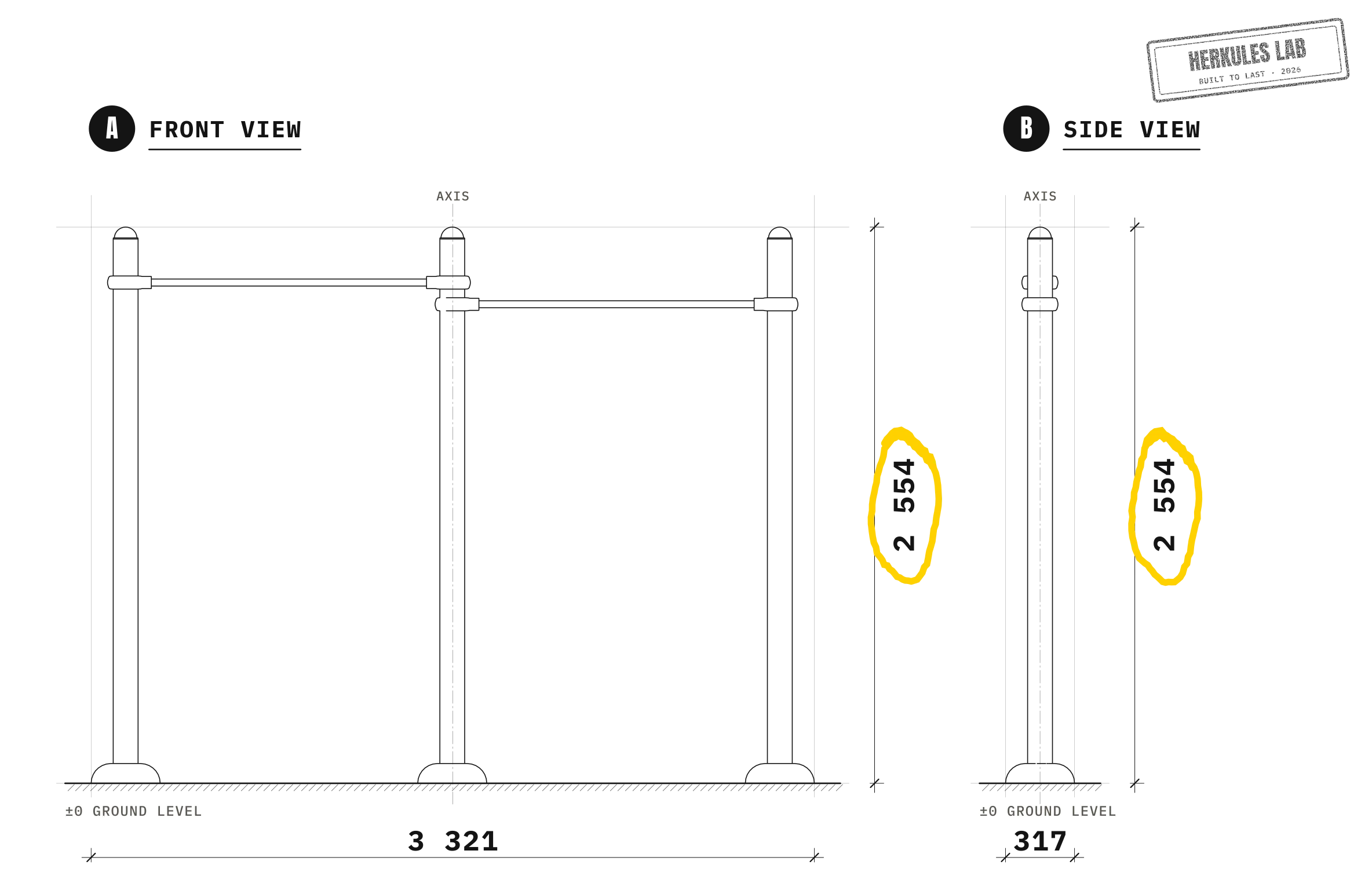 Pull-up bar Outdoor Street Workout — Dimensioned drawing