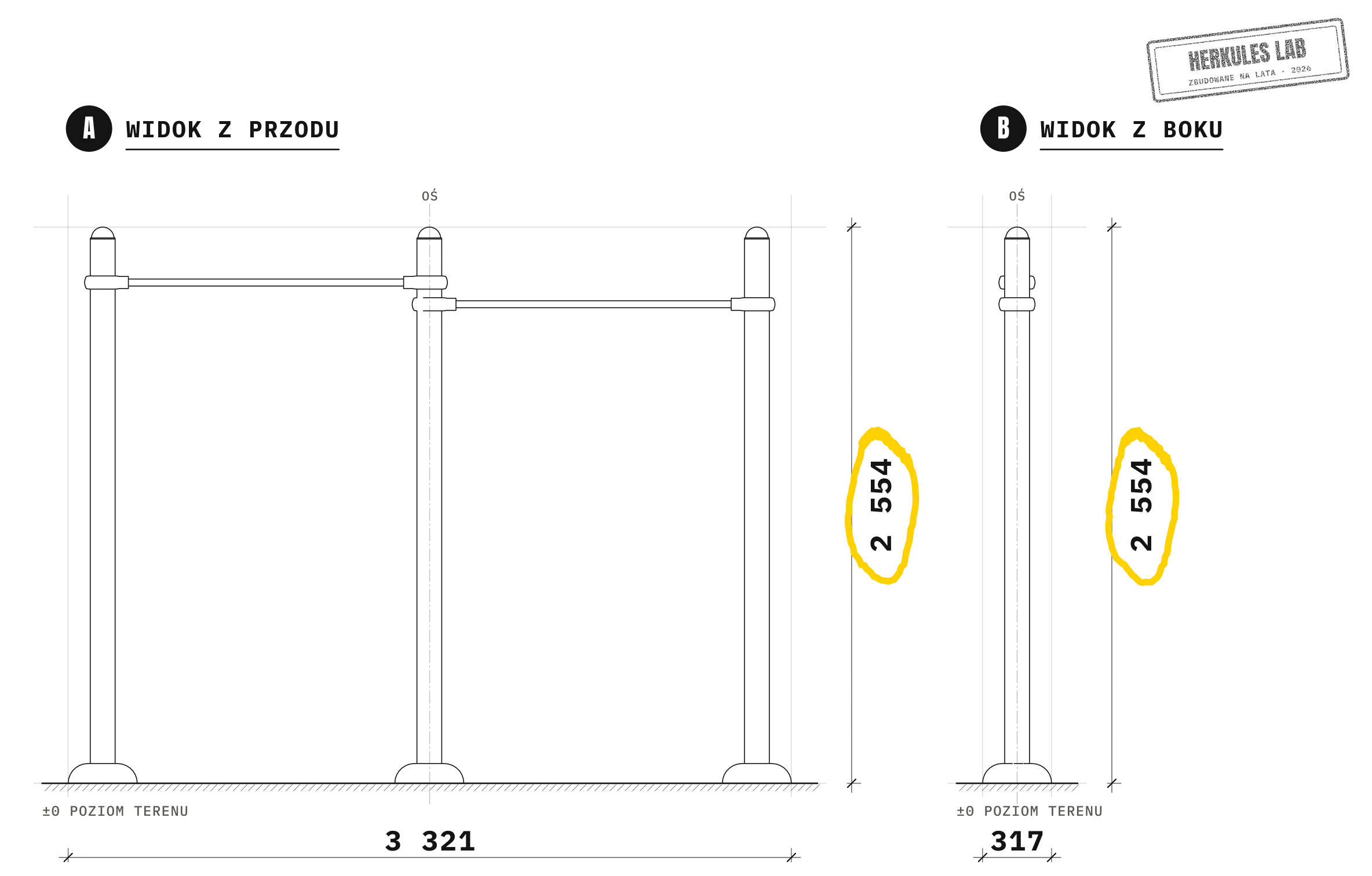 Drążek do podciągania Outdoor Street Workout — Rysunek wymiarowy