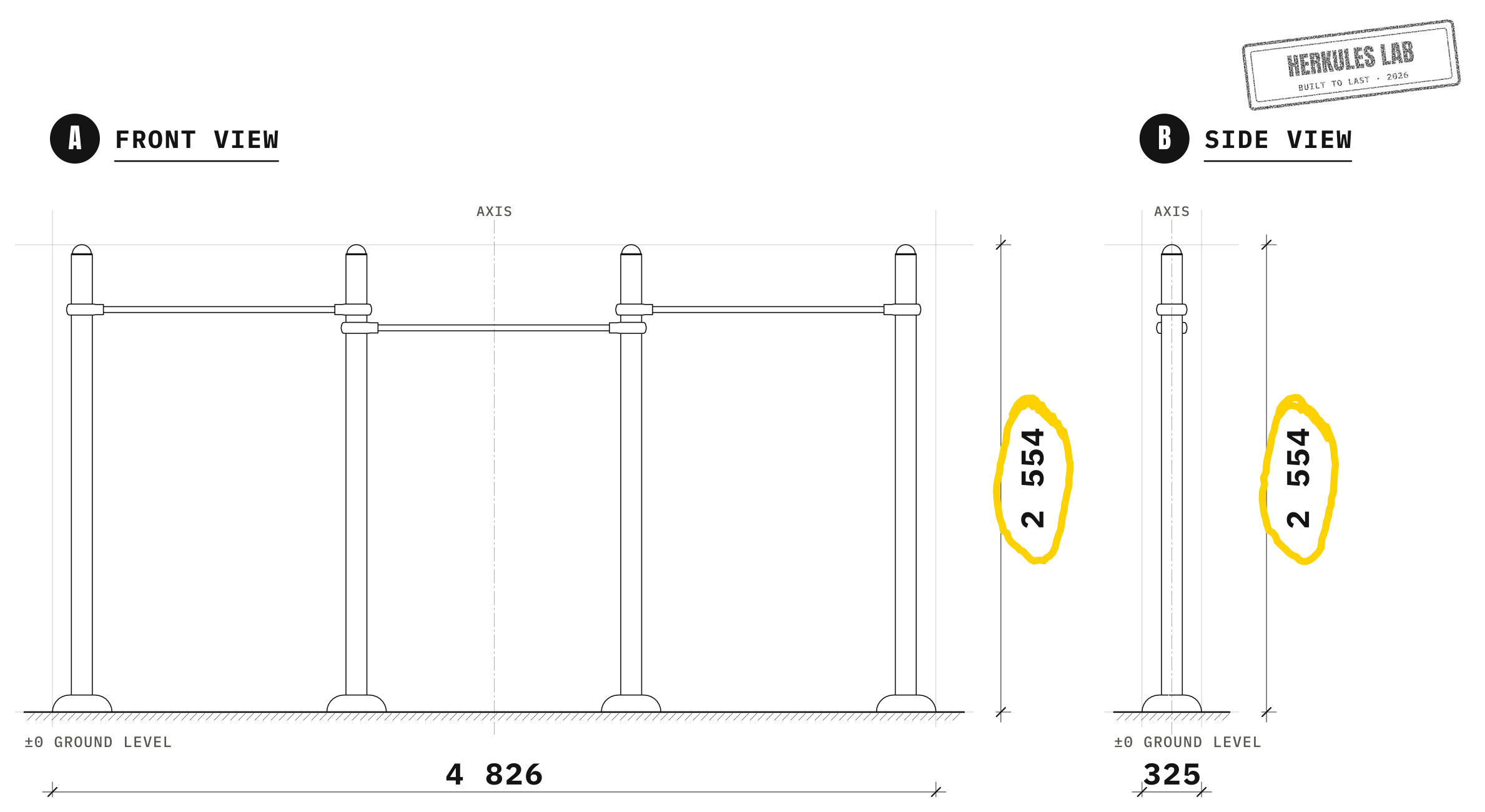 Outdoor Pull-Up Bars — Dimensioned drawing