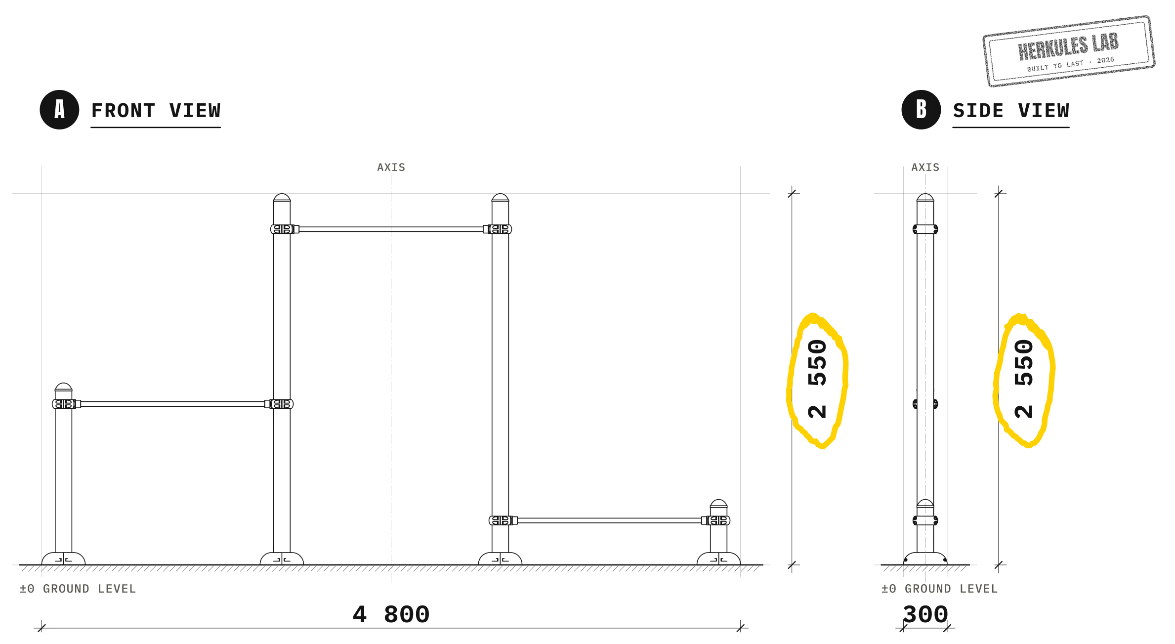 Outdoor gym bars — Dimensioned drawing