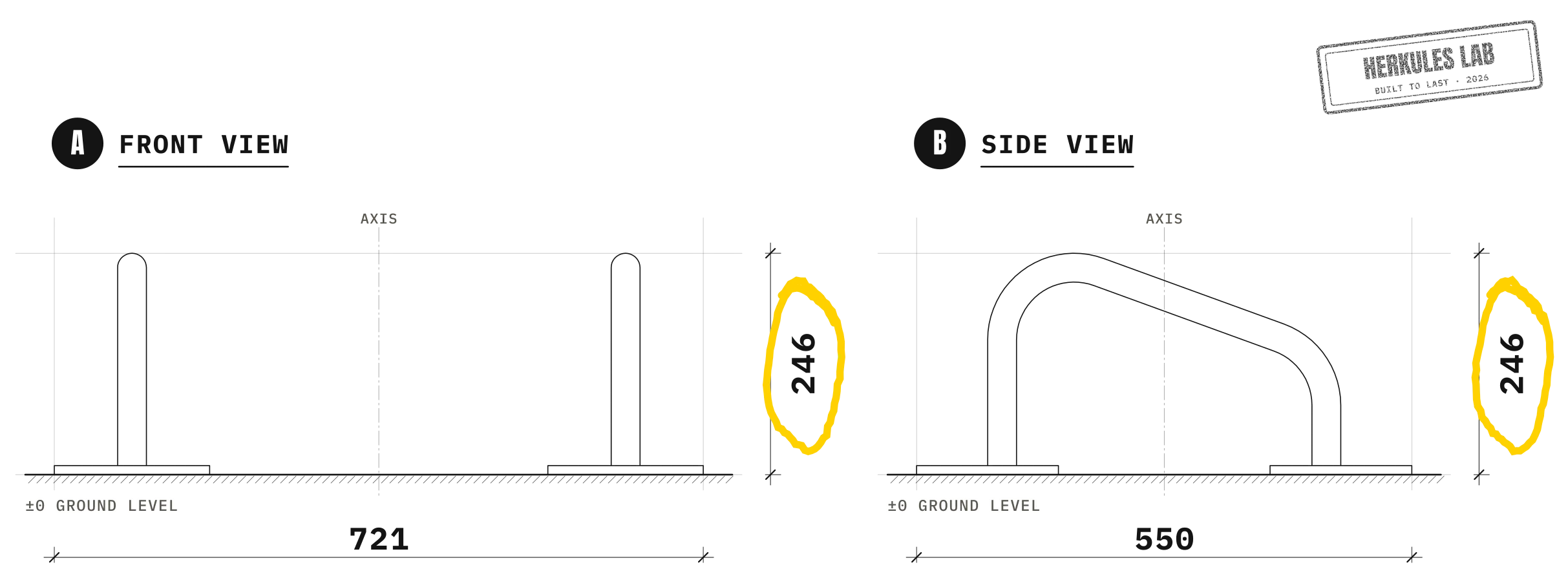 Mini Pump Bars - Street Workout stations — Dimensioned drawing
