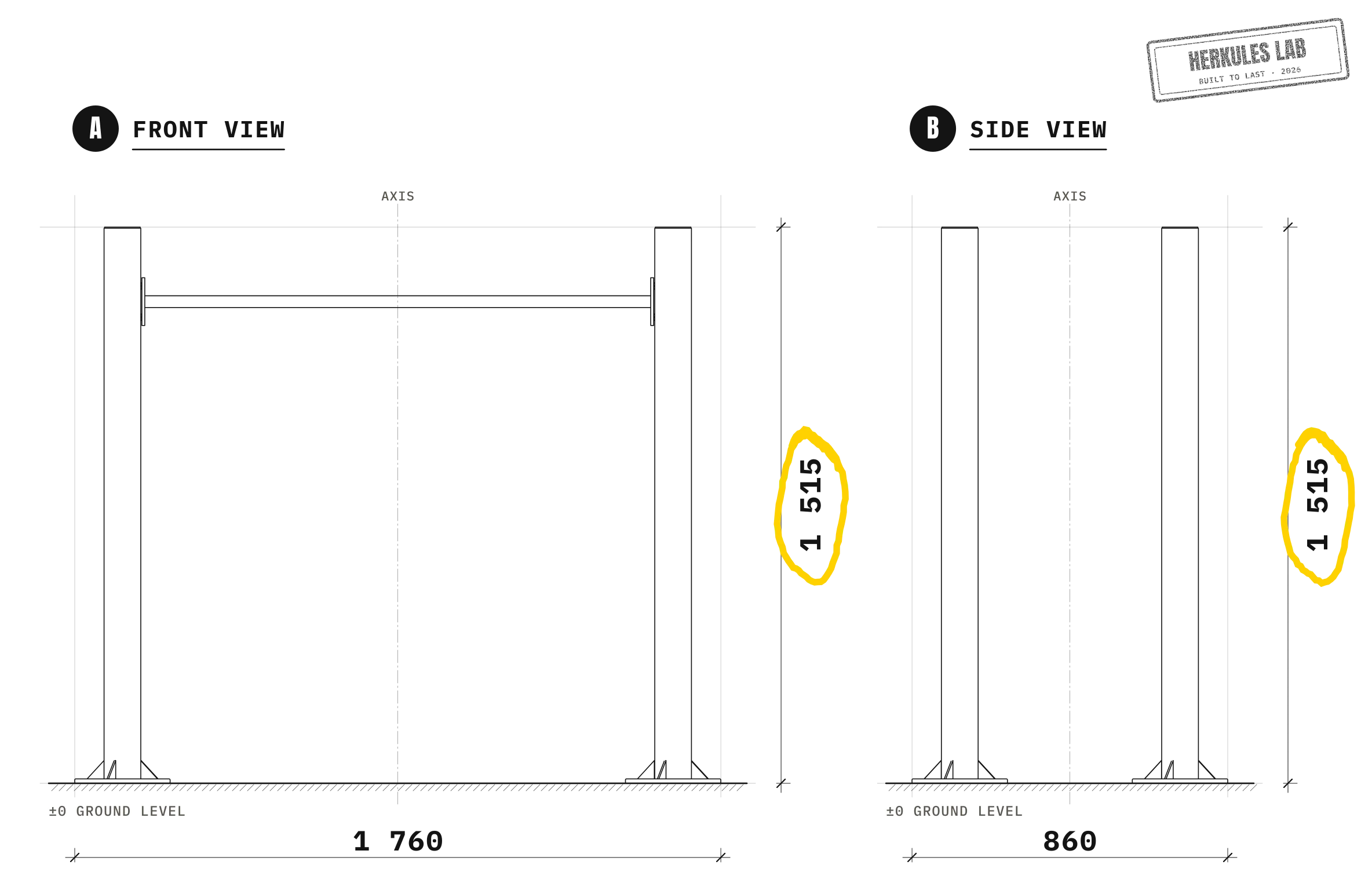 Parallel bars - Street Workout stations — Dimensioned drawing