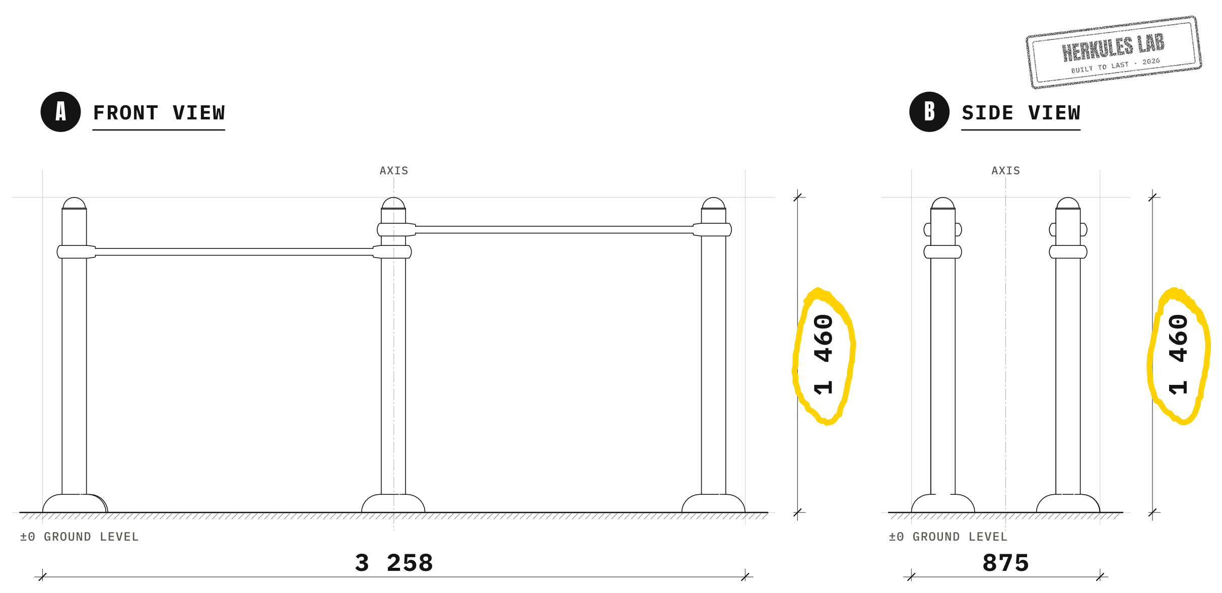 Double Parallel Bars - Street Workout stations — Dimensioned drawing