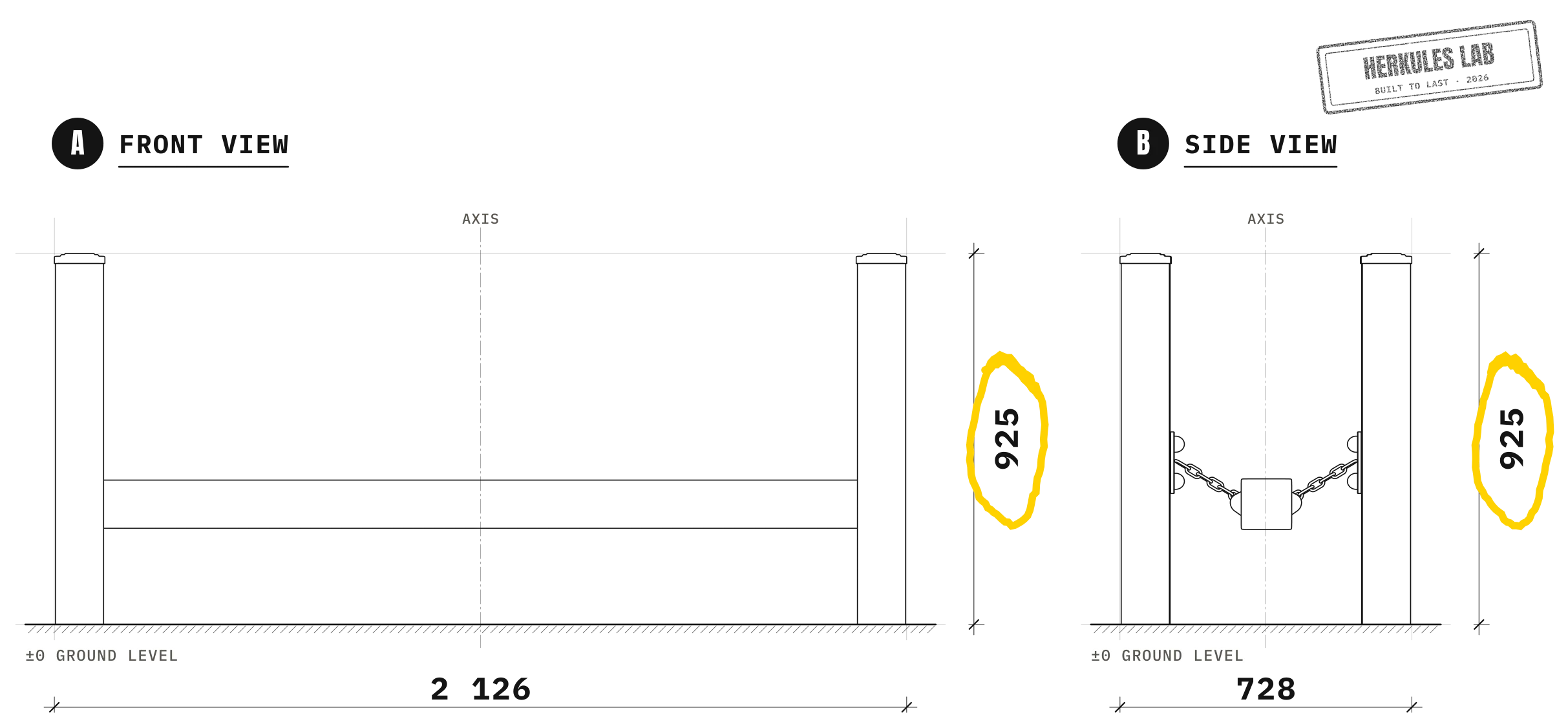 Suspended beam - Street Workout stations — Dimensioned drawing