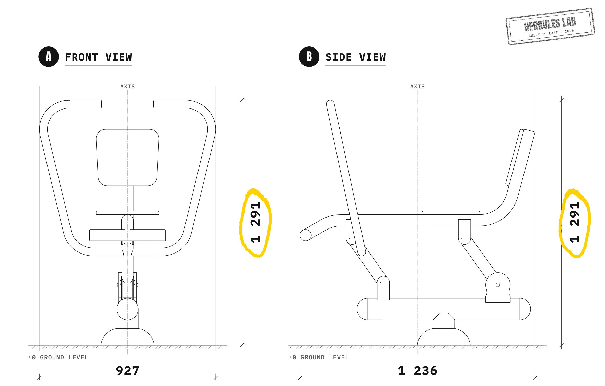 Rameur - Stainless steel fitness equipment — Dimensioned drawing