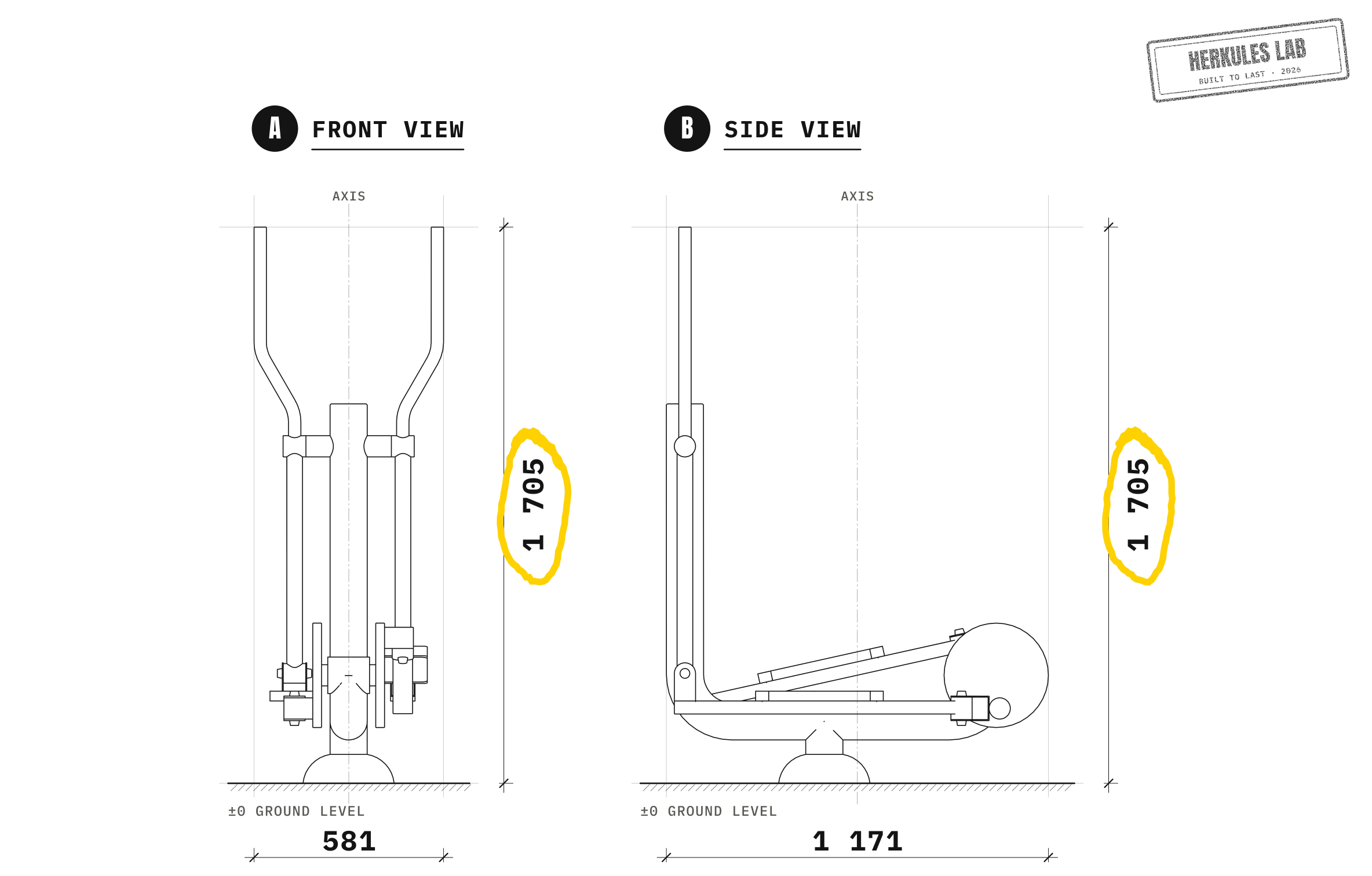 Elliptical bike - Stainless steel fitness equipment — Dimensioned drawing