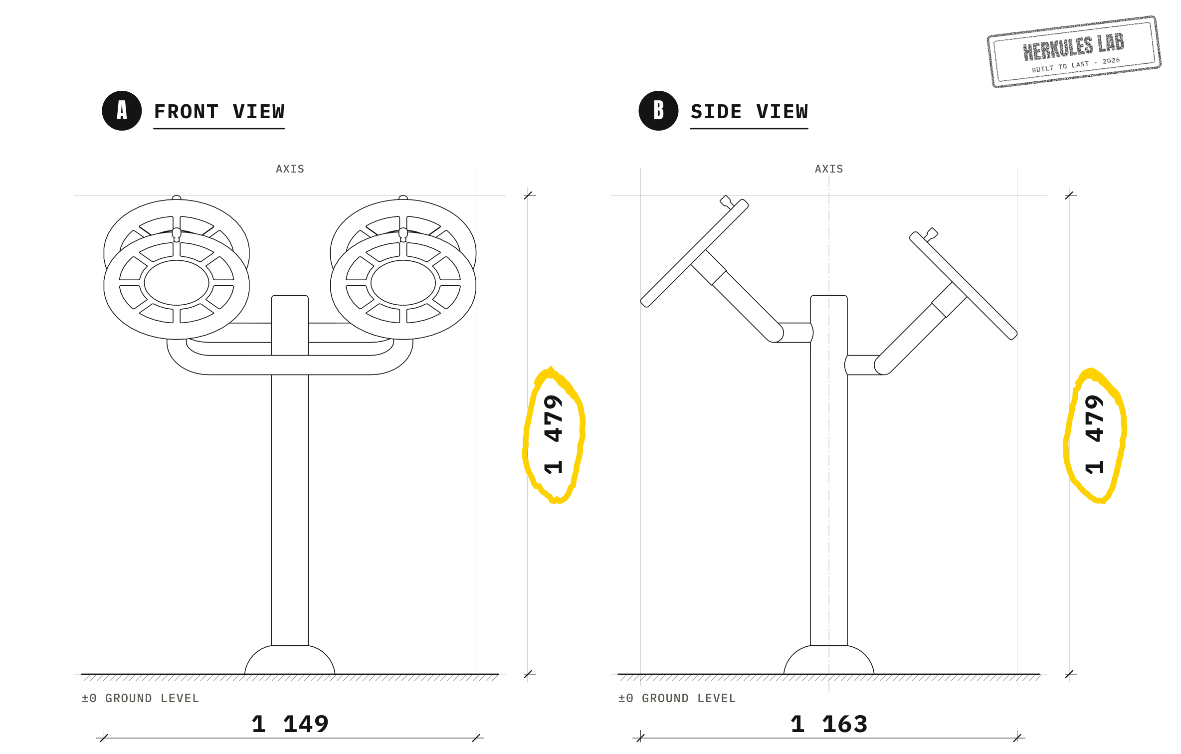 Tai Chi wheels - Stainless steel fitness equipment — Dimensioned drawing