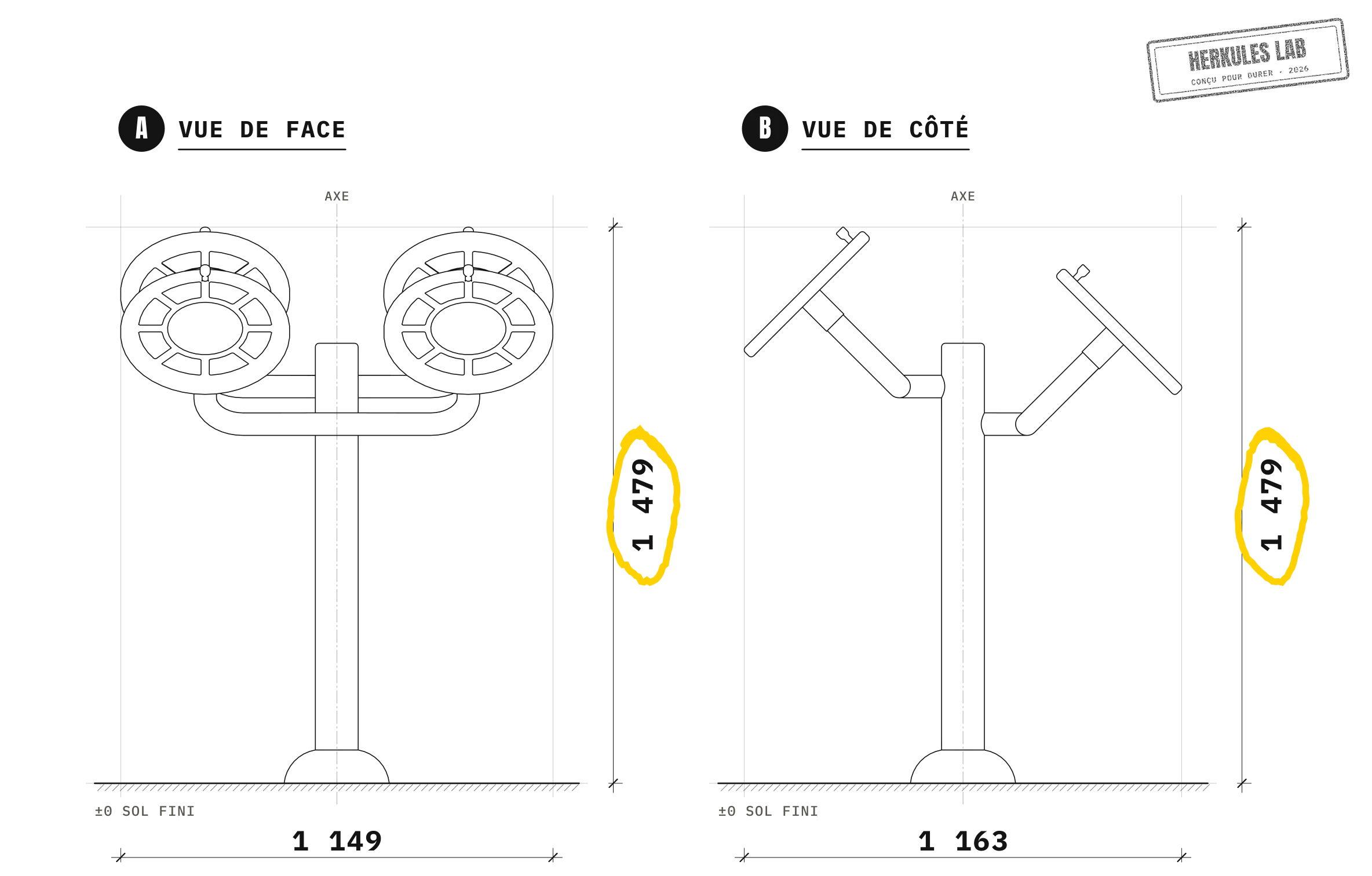 Roues Tai Chi - Appareils de Fitness Inox — Plan coté