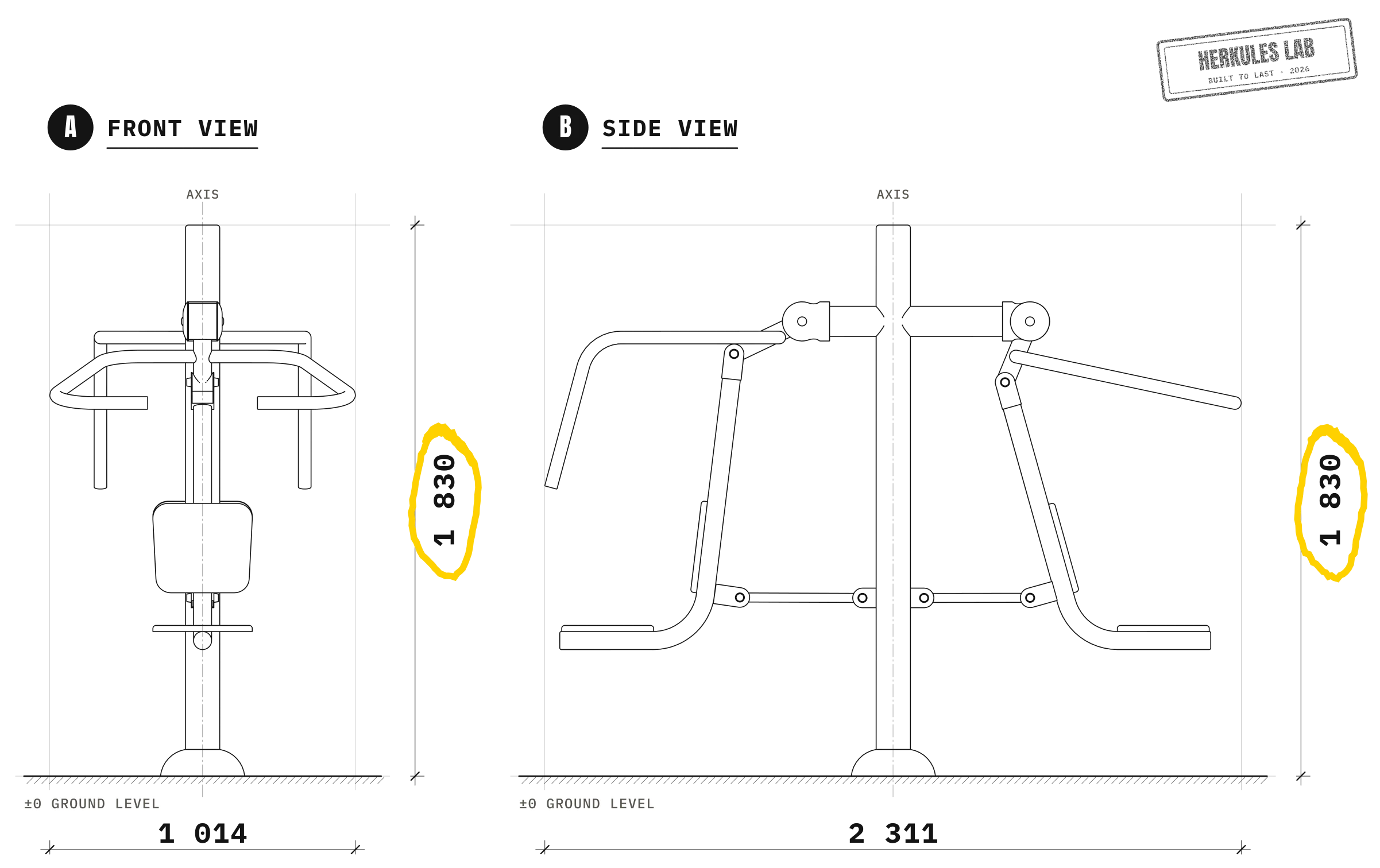 Push + Pull - Stainless steel fitness equipment — Dimensioned drawing