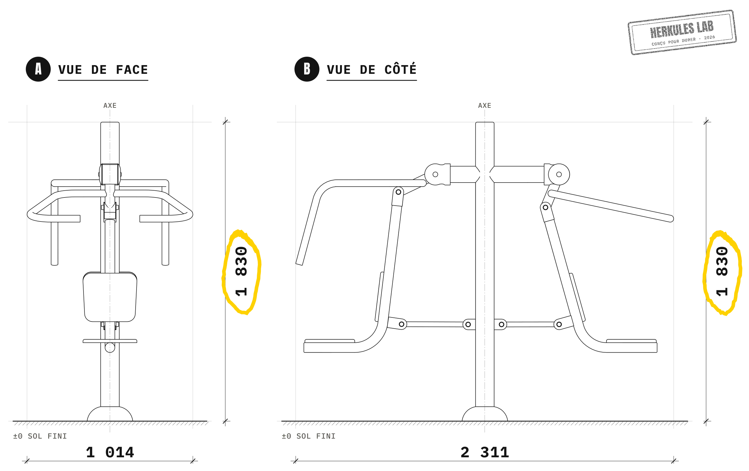 Push + Pull - Appareils de Fitness Inox — Plan coté