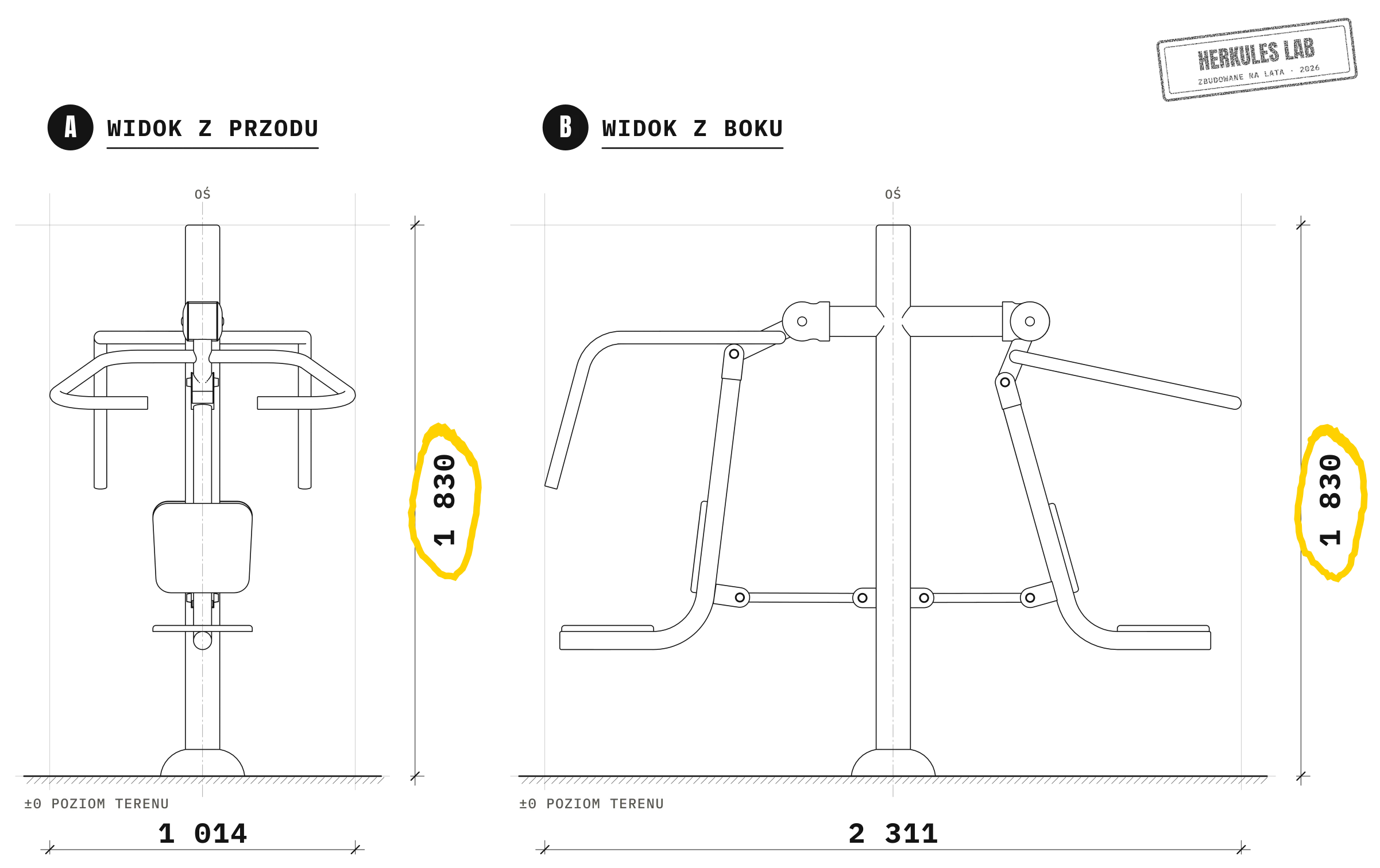 Push + Pull - Sprzęt fitness ze stali nierdzewnej — Rysunek wymiarowy