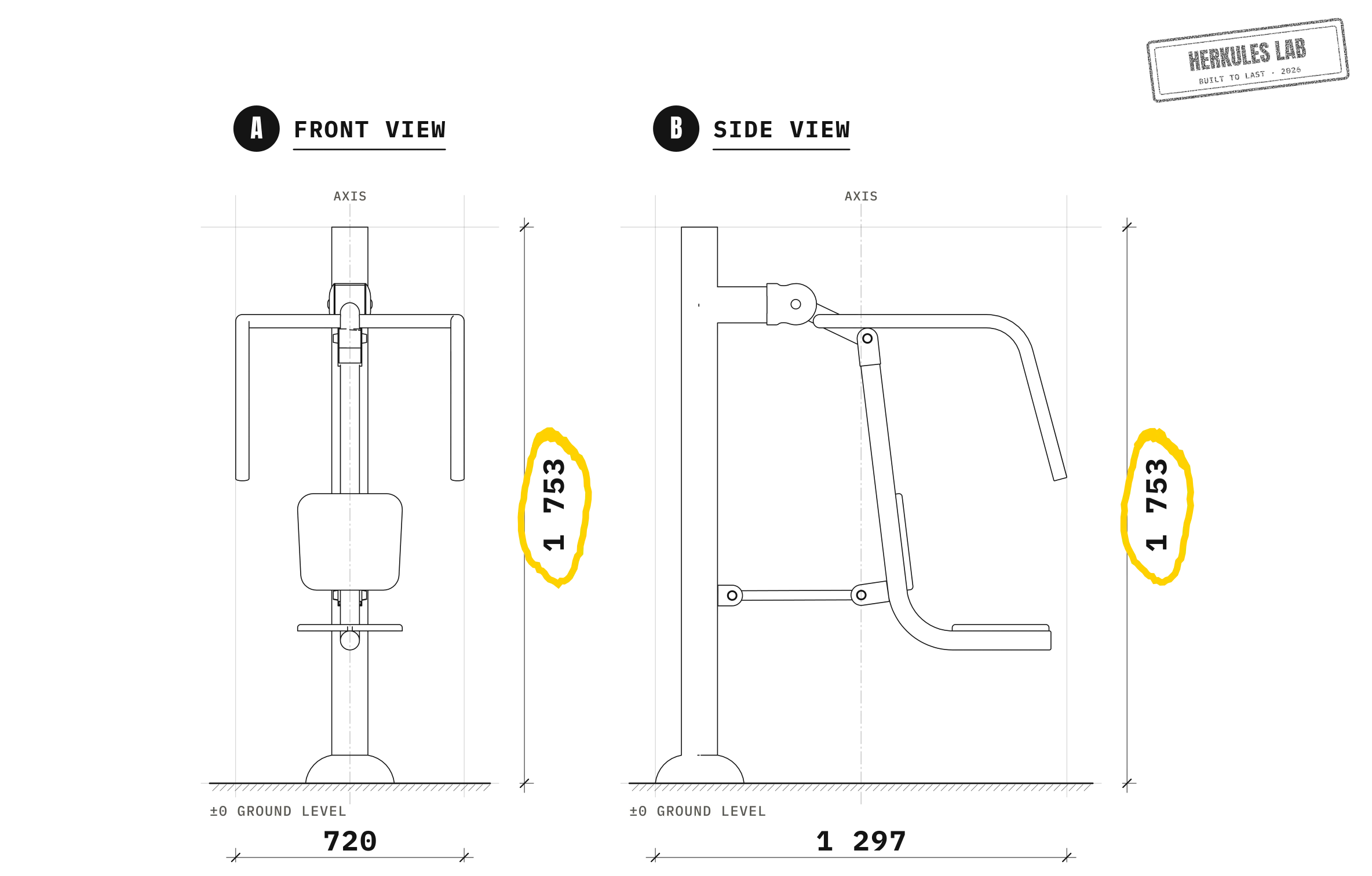 Push - Stainless steel fitness equipment — Dimensioned drawing