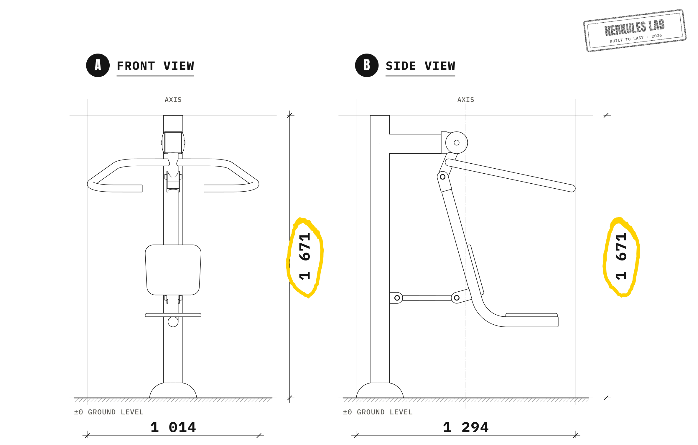 Pull - Stainless steel fitness equipment — Dimensioned drawing