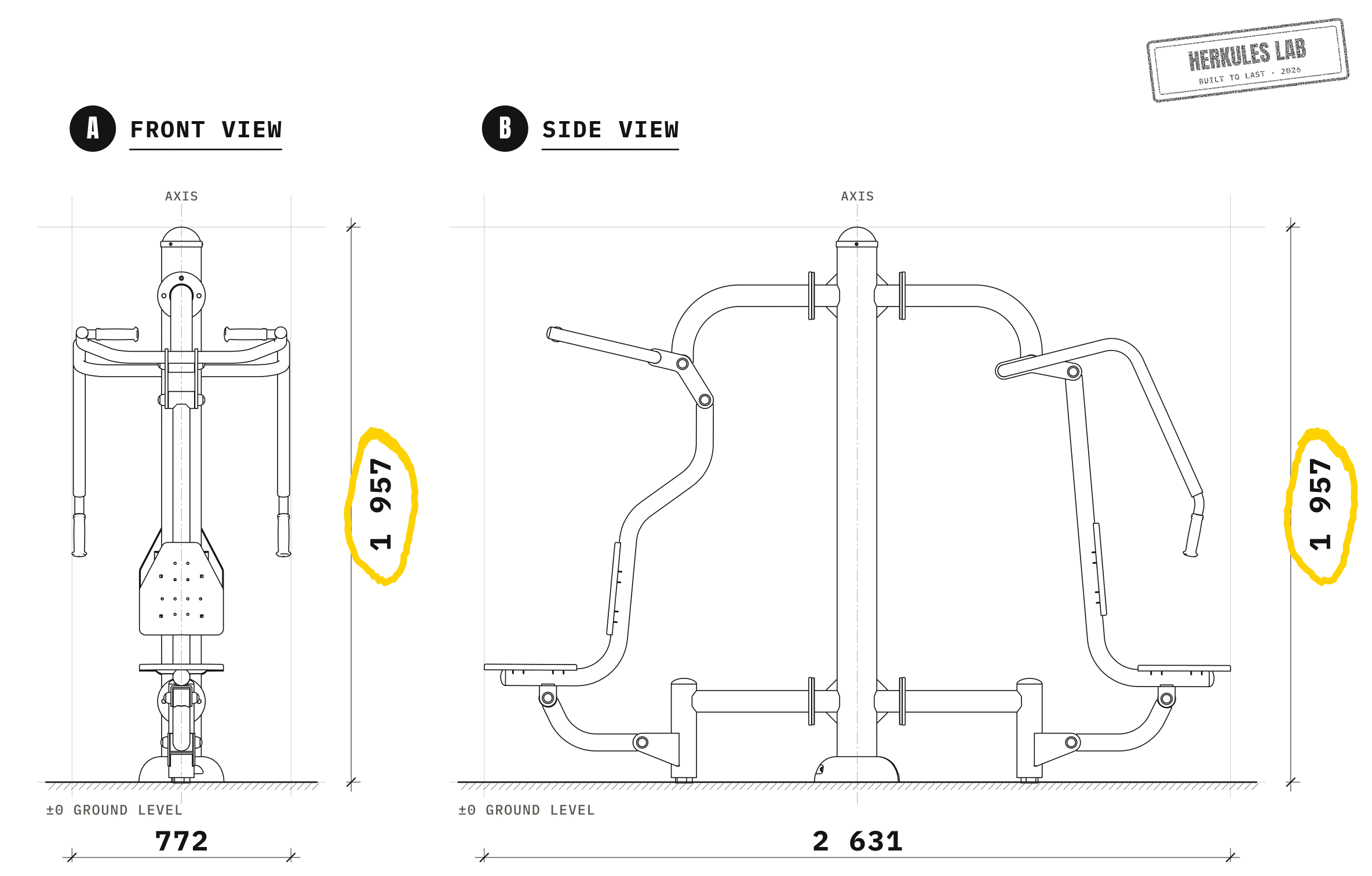 Push + Pull - Outdoor Fitness Equipment — Dimensioned drawing