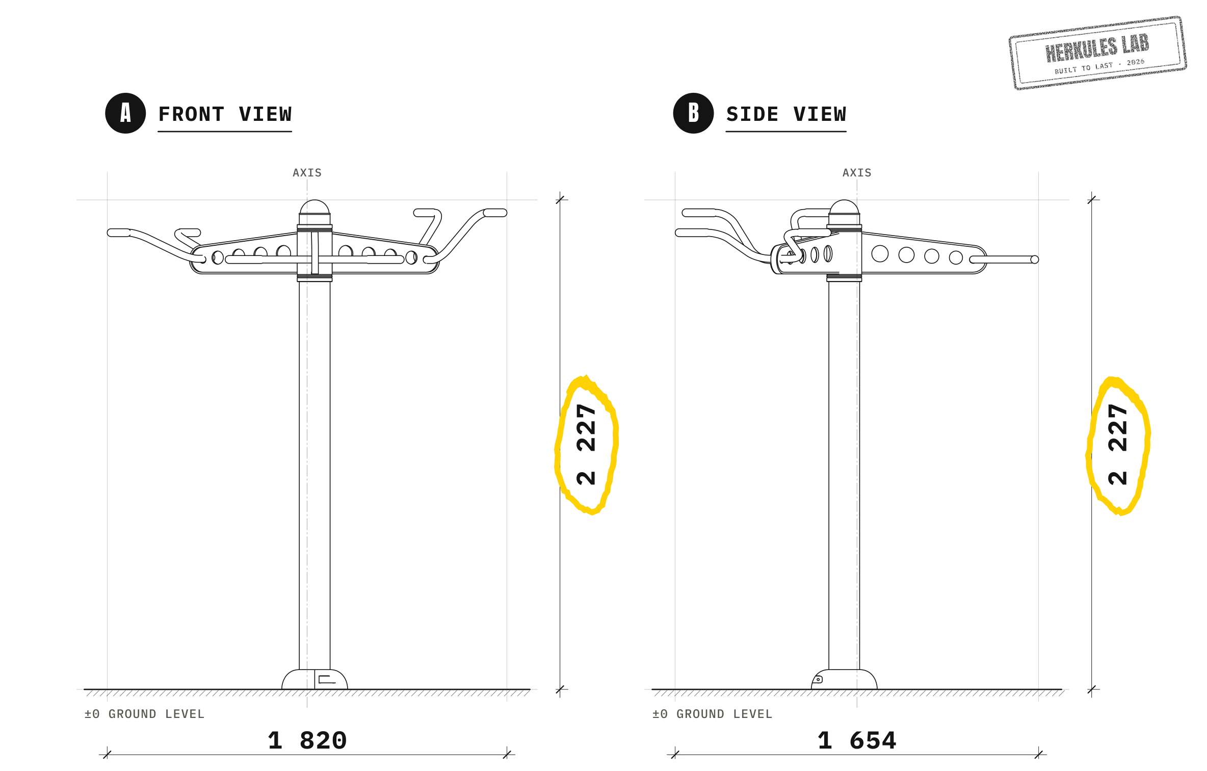 Triple Pull-Up Bars - Outdoor Fitness Equipment — Dimensioned drawing