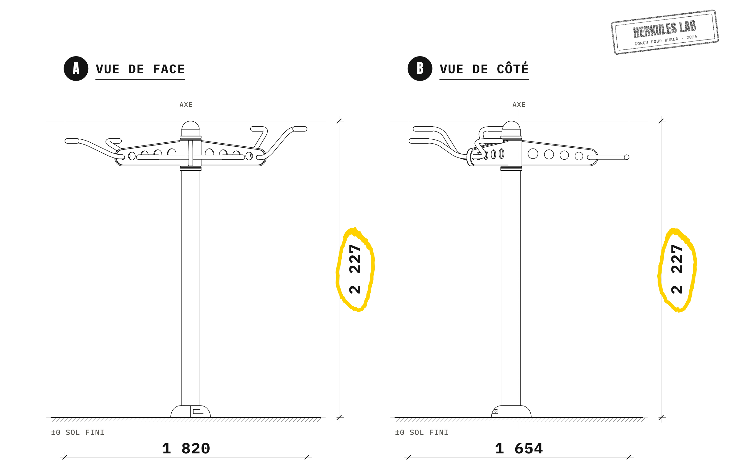 Triple Barres à Tractions - Appareil de Fitness Extérieur — Plan coté