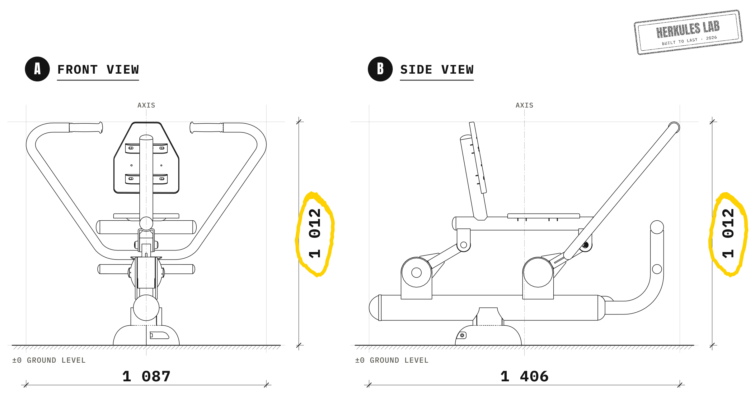 Rower - Outdoor fitness equipment — Dimensioned drawing