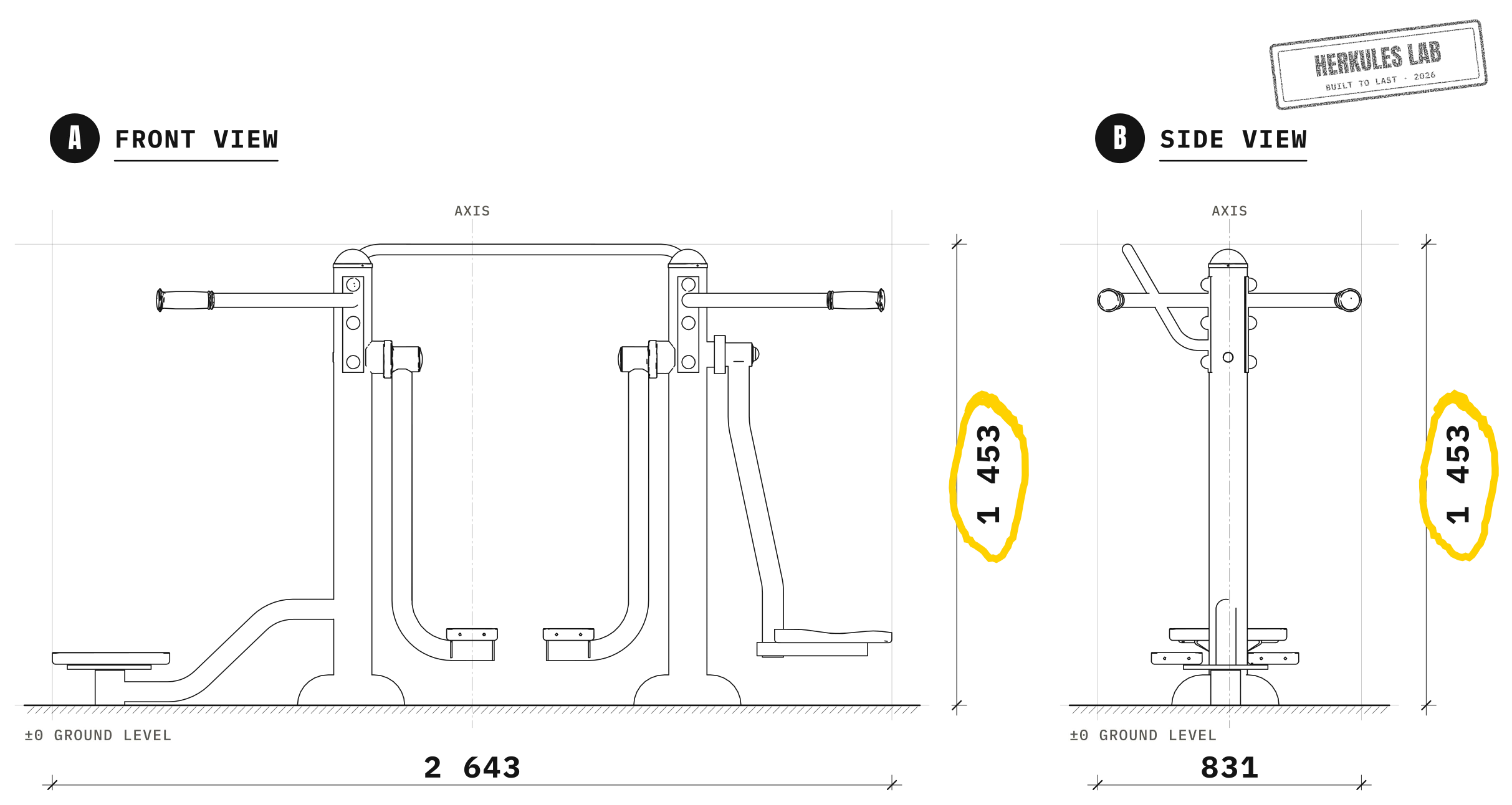 Surfer + Walker + Twister - Outdoor Fitness Equipment — Dimensioned drawing