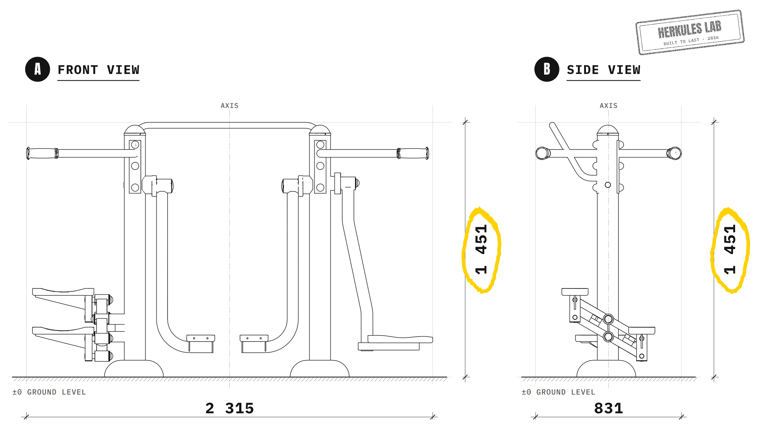 Surfer + Walker + Stepper - Outdoor Fitness Equipment — Dimensioned drawing