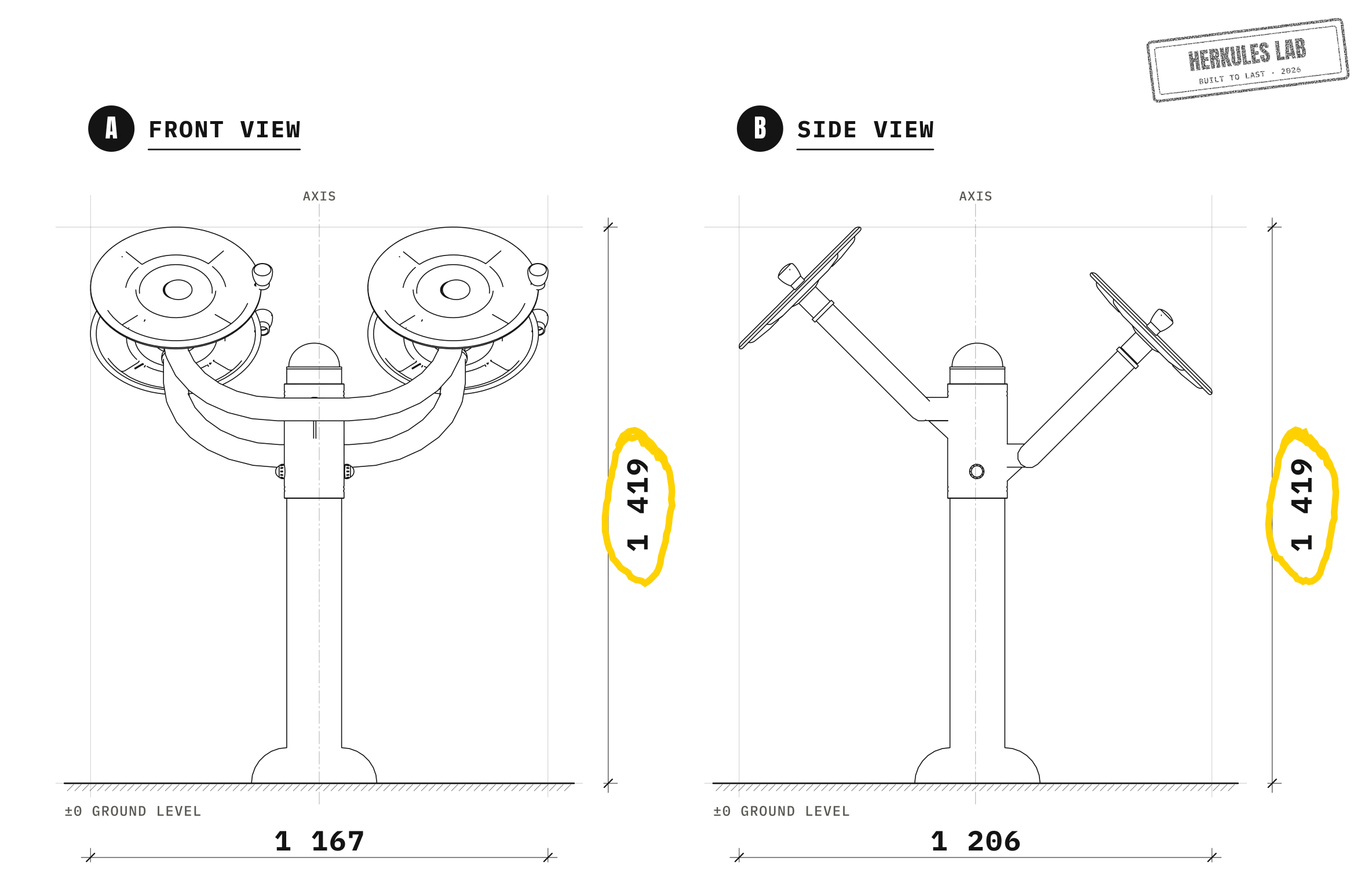 Tai Chi Wheels - Outdoor Fitness Equipment — Dimensioned drawing