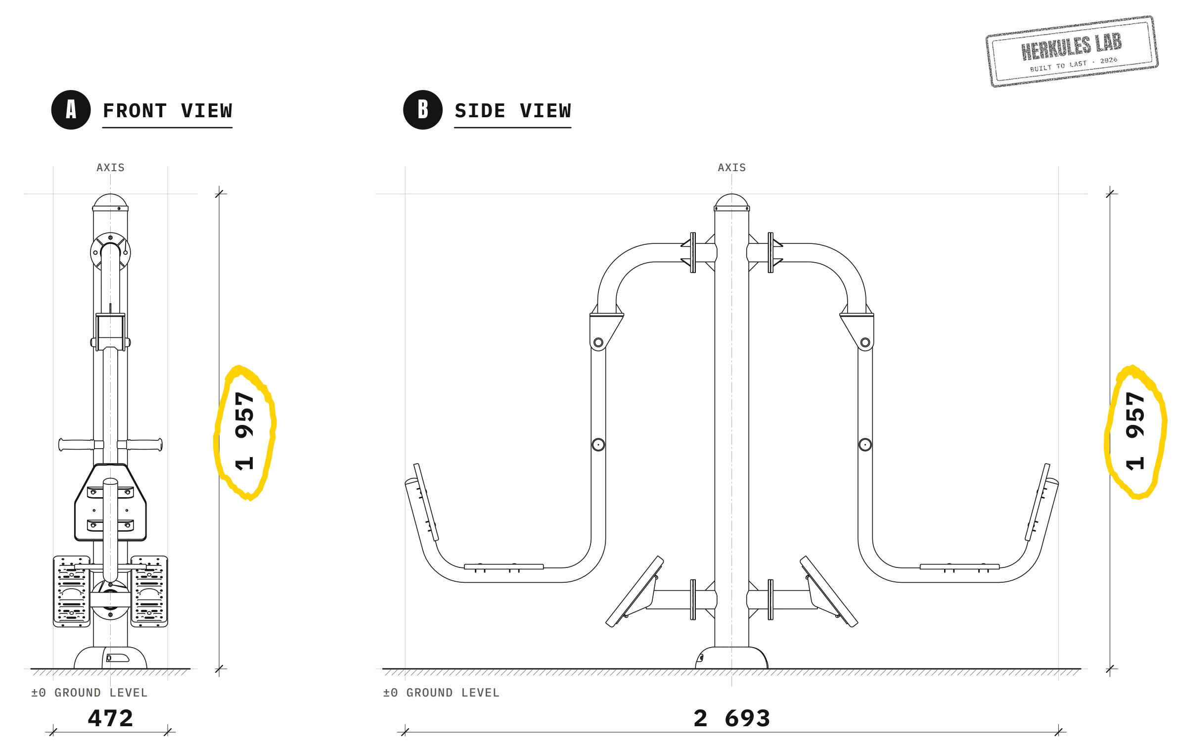 Leg Press Double - Outdoor Fitness Equipment — Dimensioned drawing