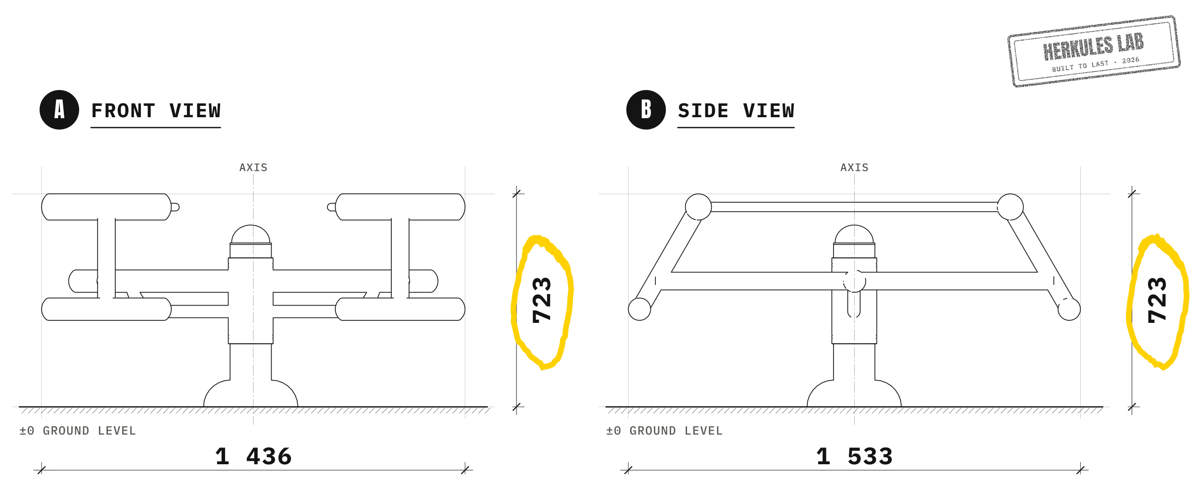 Abdos Double Bench - Outdoor Fitness Equipment — Dimensioned drawing